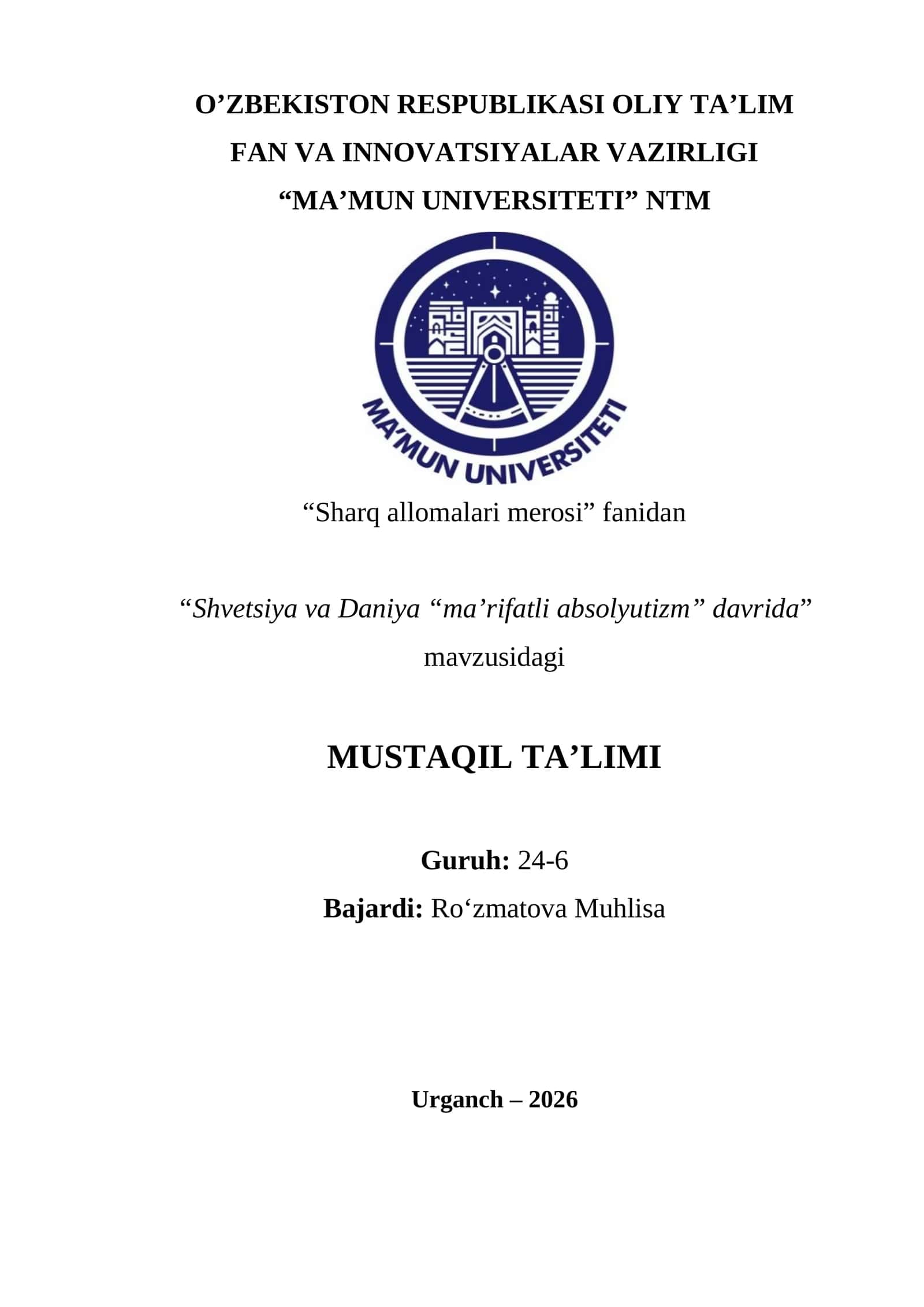 Sharq allomalari merosi fanidan “Shvetsiya va Daniya “ma’rifatli absolyutizm” davrida”