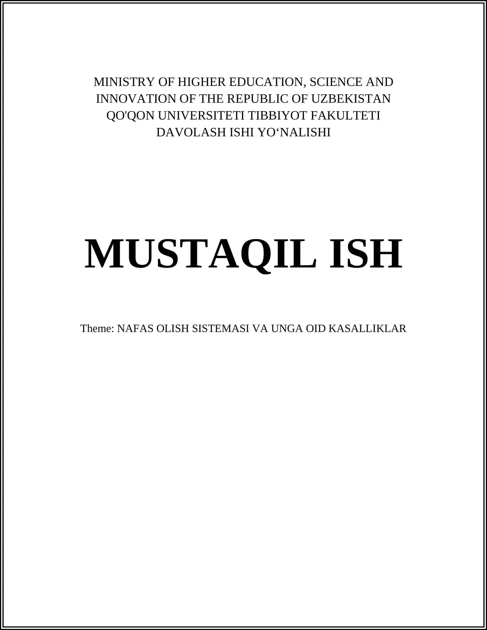 QO'QON UNIVERSITETI TIBBIYOT FAKULTETI DAVOLASH ISHI YOʻNALISHI