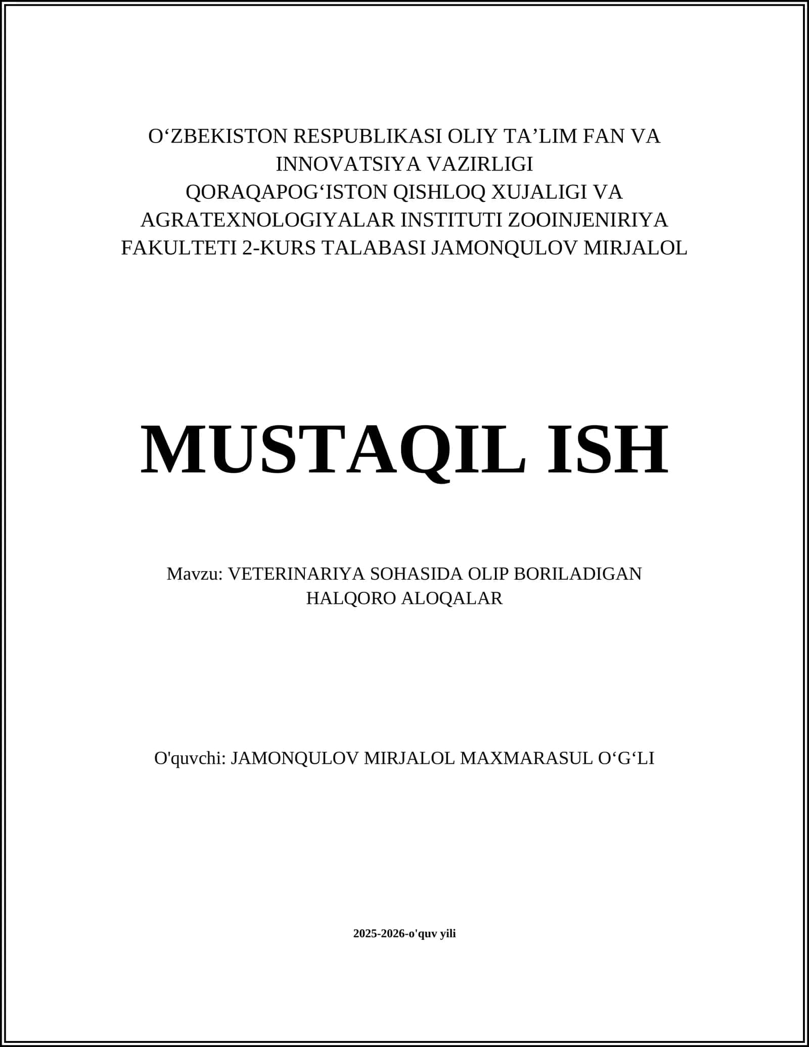VETERINARIYA SOHASIDA OLIP BORILADIGAN HALQORO ALOQALAR