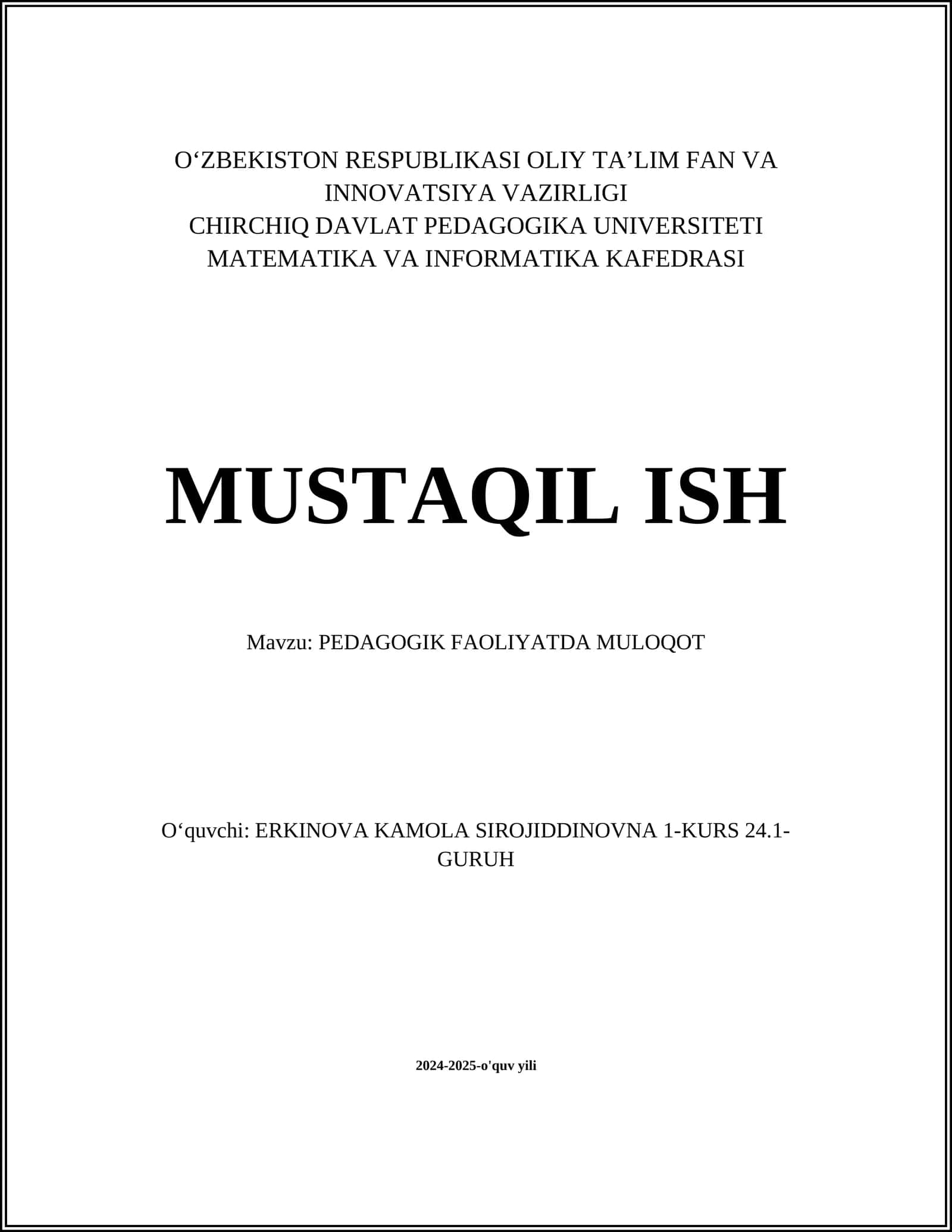 PEDAGOGIK FAOLIYATDA MULOQOT