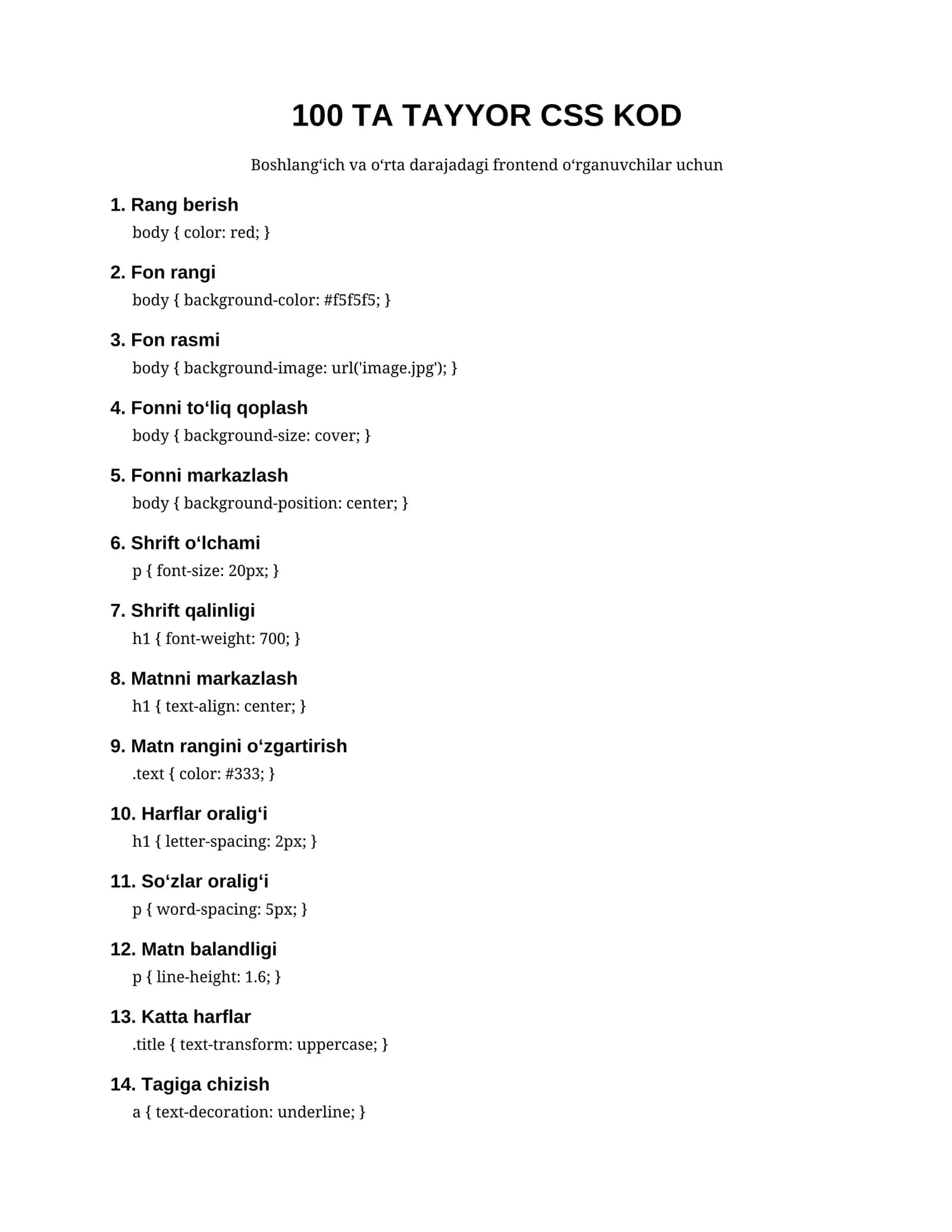 `100 ta tayyor CSS kod — HTML/CSS Frontend