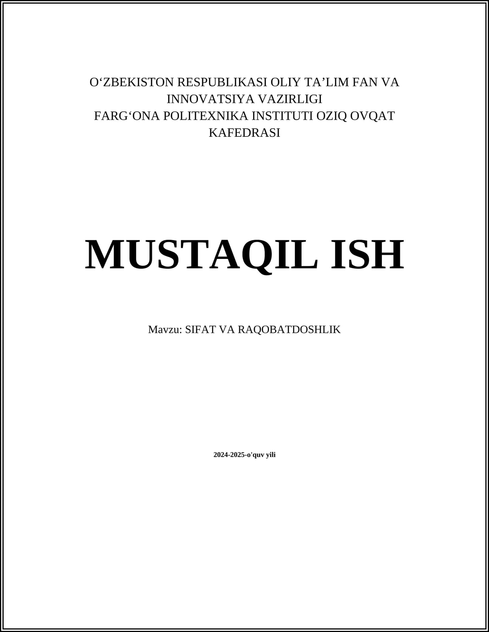SIFAT VA RAQOBATDOSHLIK