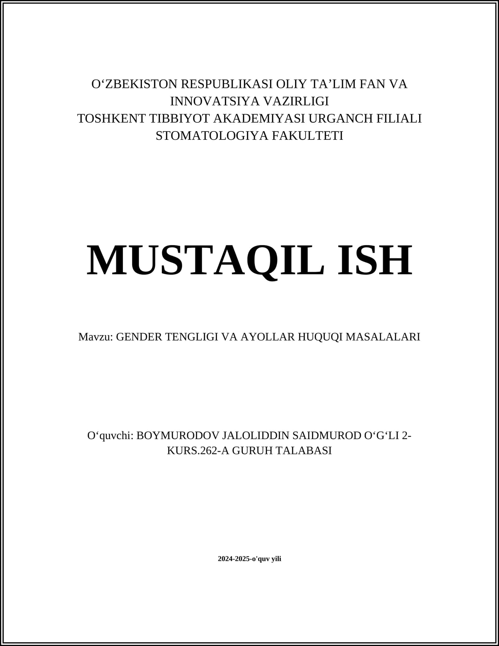 GENDER TENGLIGI VA AYOLLAR HUQUQI MASALALARI