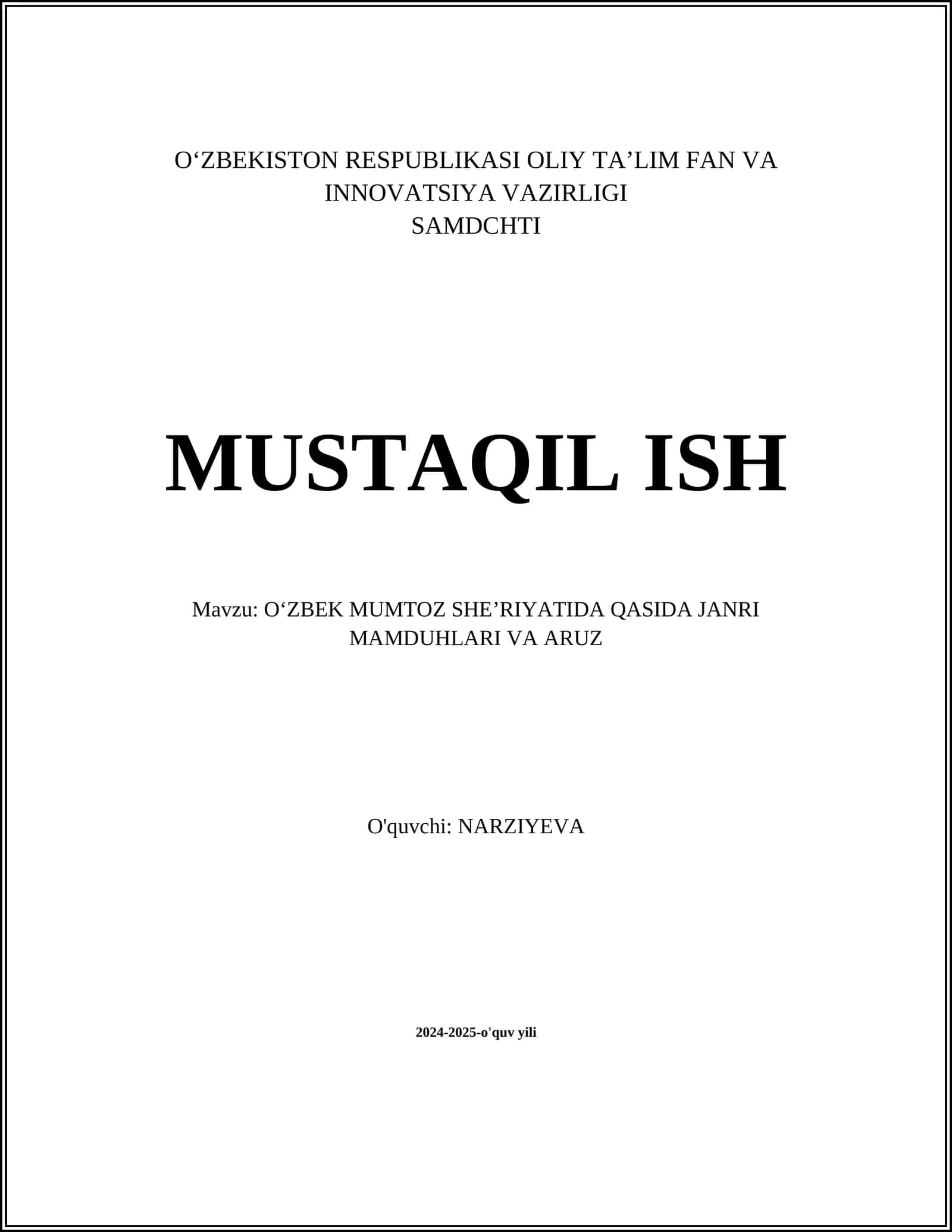 O‘ZBEK MUMTOZ SHE’RIYATIDA QASIDA JANRI MAMDUHLARI VA ARUZ