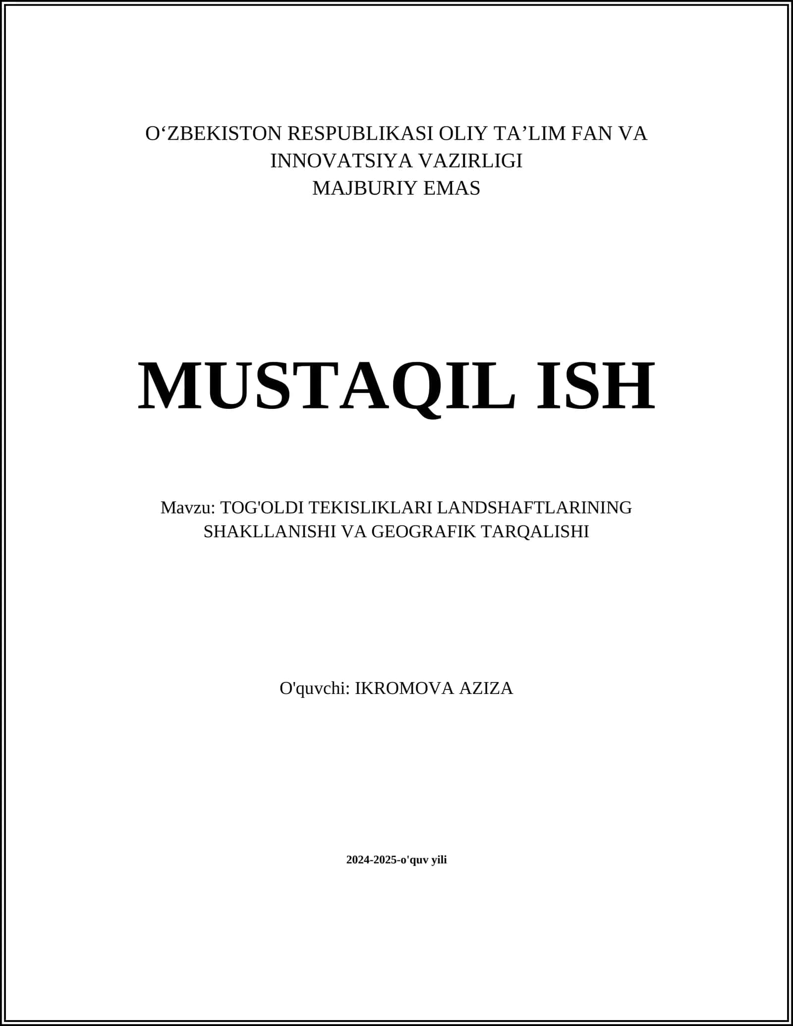 TOG'OLDI TEKISLIKLARI LANDSHAFTLARINING SHAKLLANISHI VA GEOGRAFIK TARQALISHI