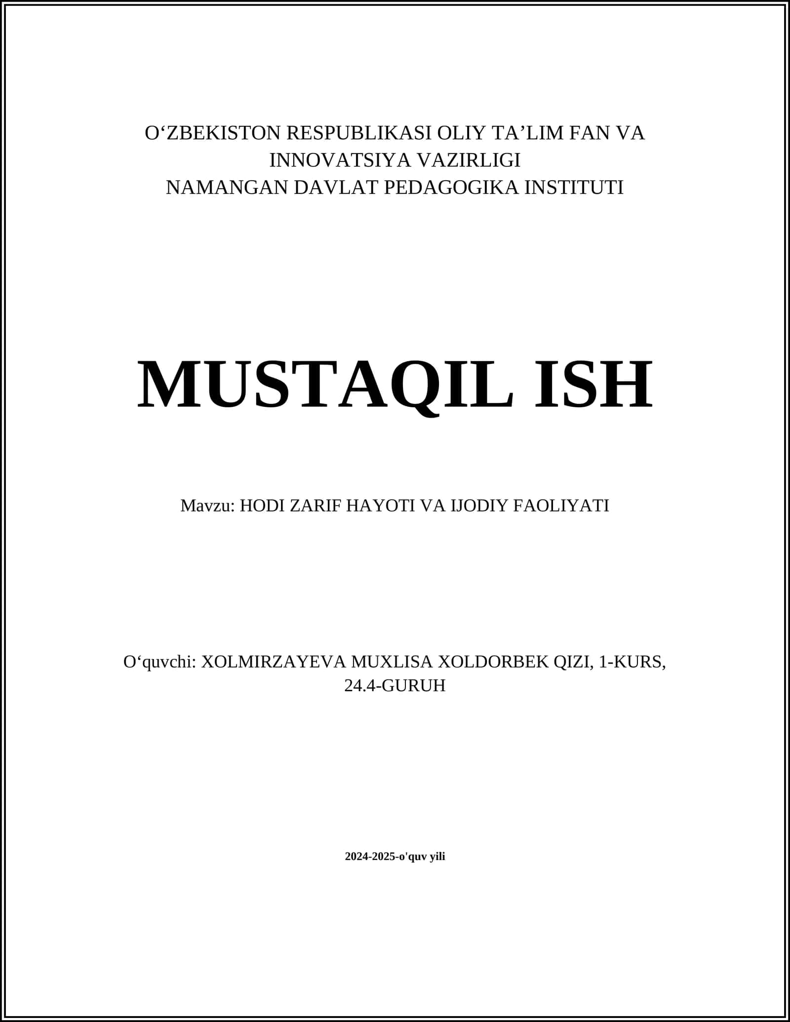 HODI ZARIF HAYOTI VA IJODIY FAOLIYATI