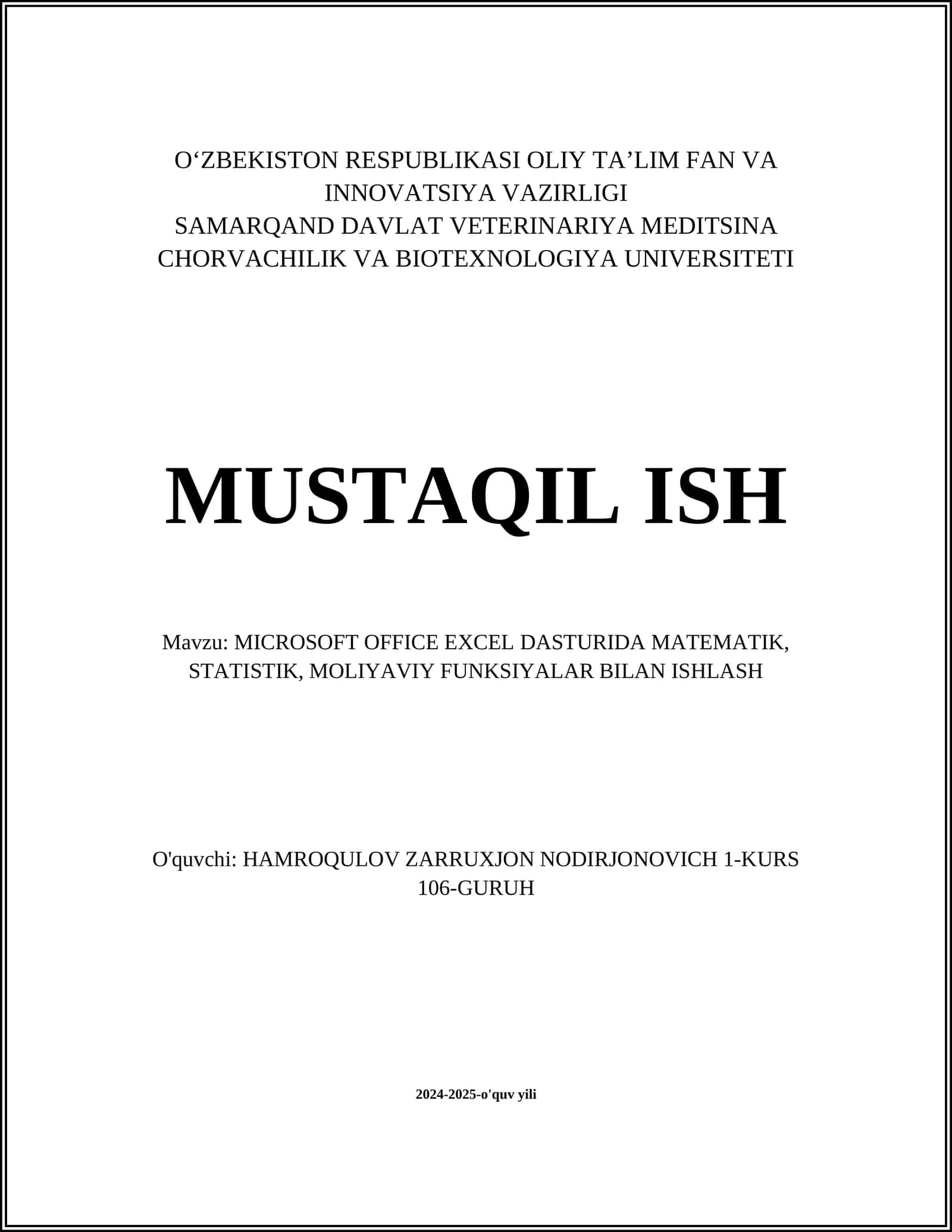 MICROSOFT OFFICE EXCEL DASTURIDA MATEMATIK, STATISTIK, MOLIYAVIY FUNKSIYALAR BILAN ISHLASH