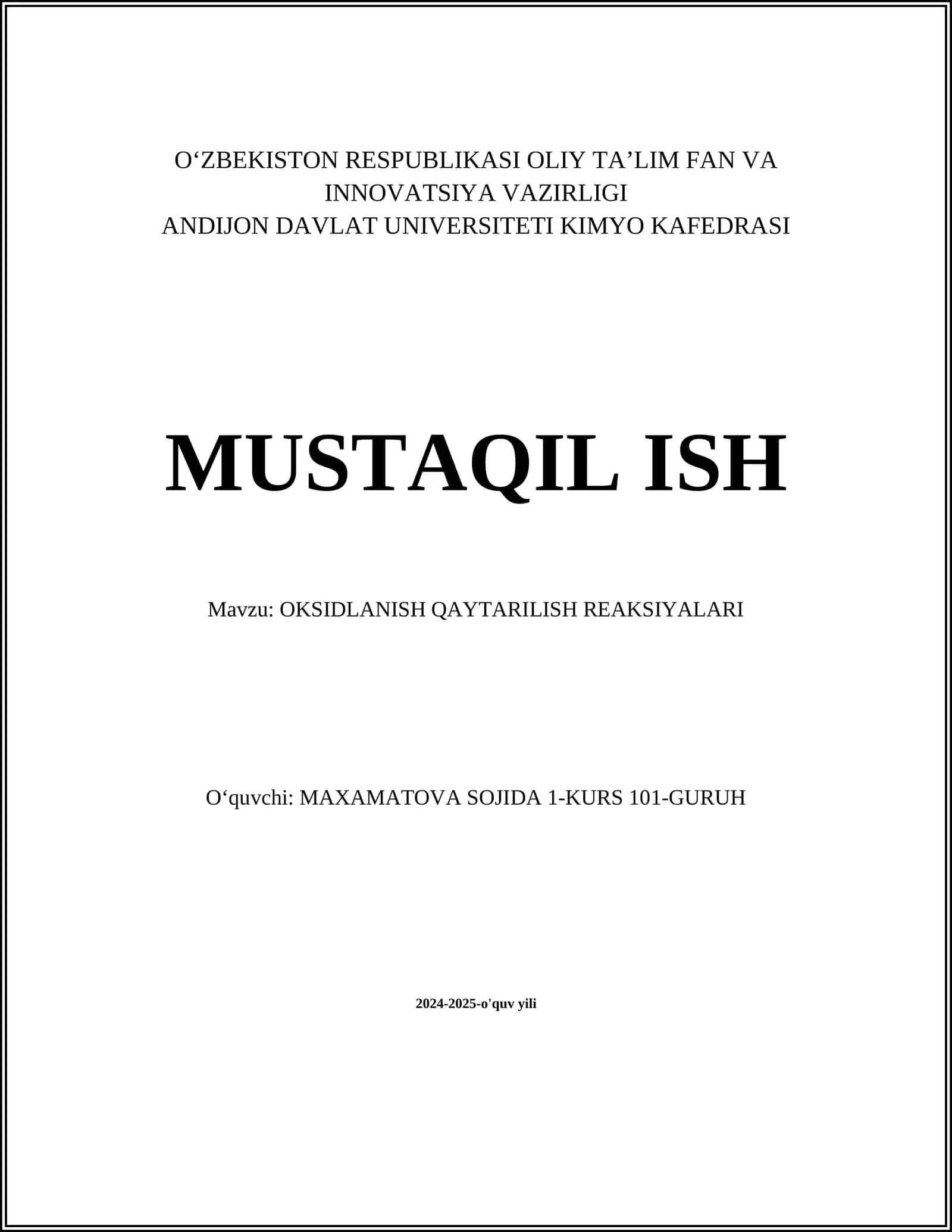 OKSIDLANISH QAYTARILISH REAKSIYALARI