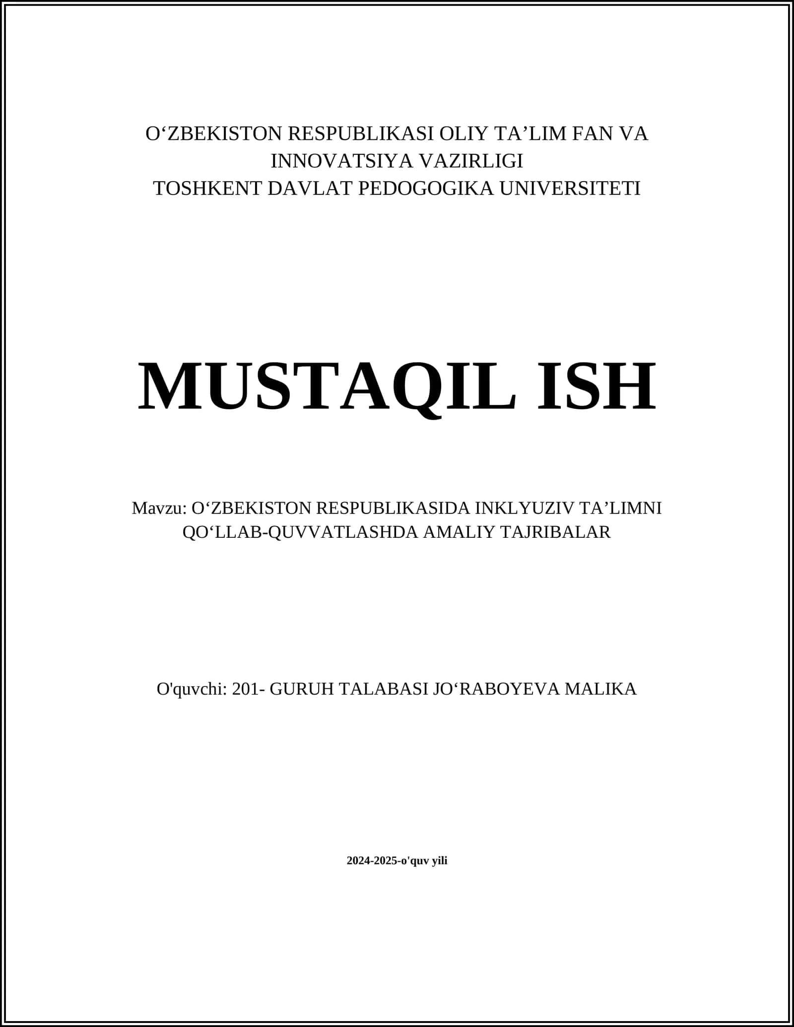 OʻZBEKISTON RESPUBLIKASIDA INKLYUZIV TAʼLIMNI QOʻLLAB-QUVVATLASHDA AMALIY TAJRIBALAR