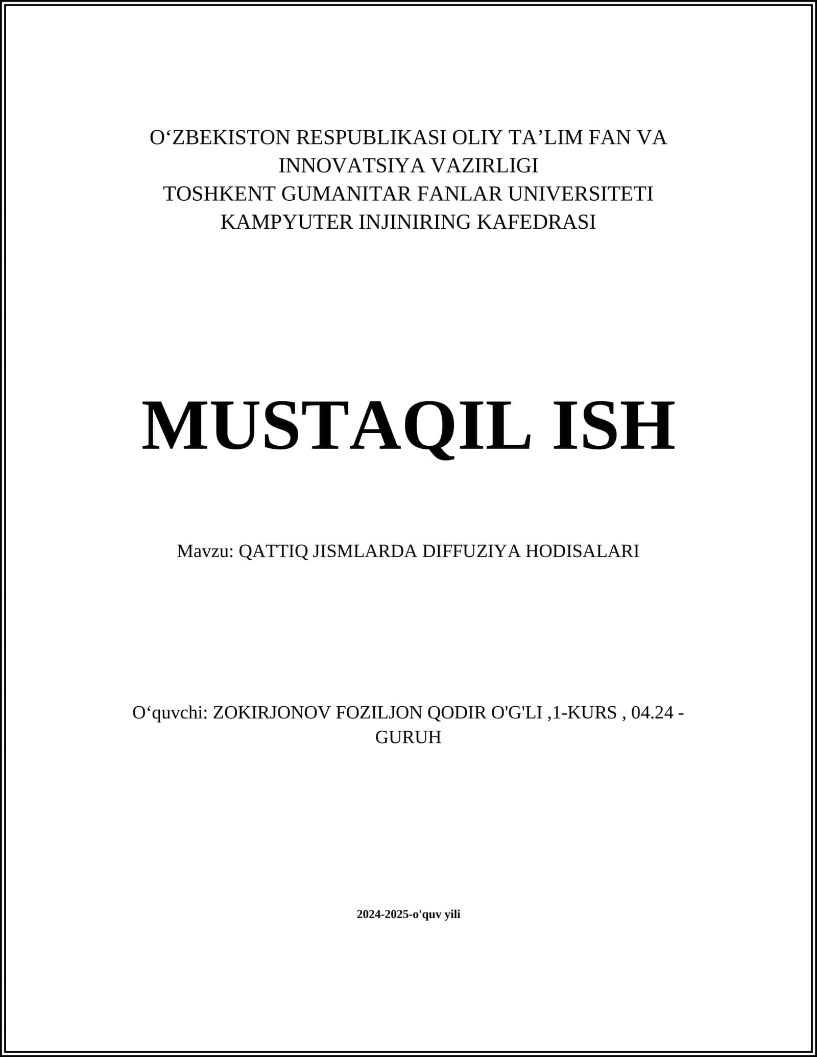 QATTIQ JISMLARDA DIFFUZIYA HODISALARI