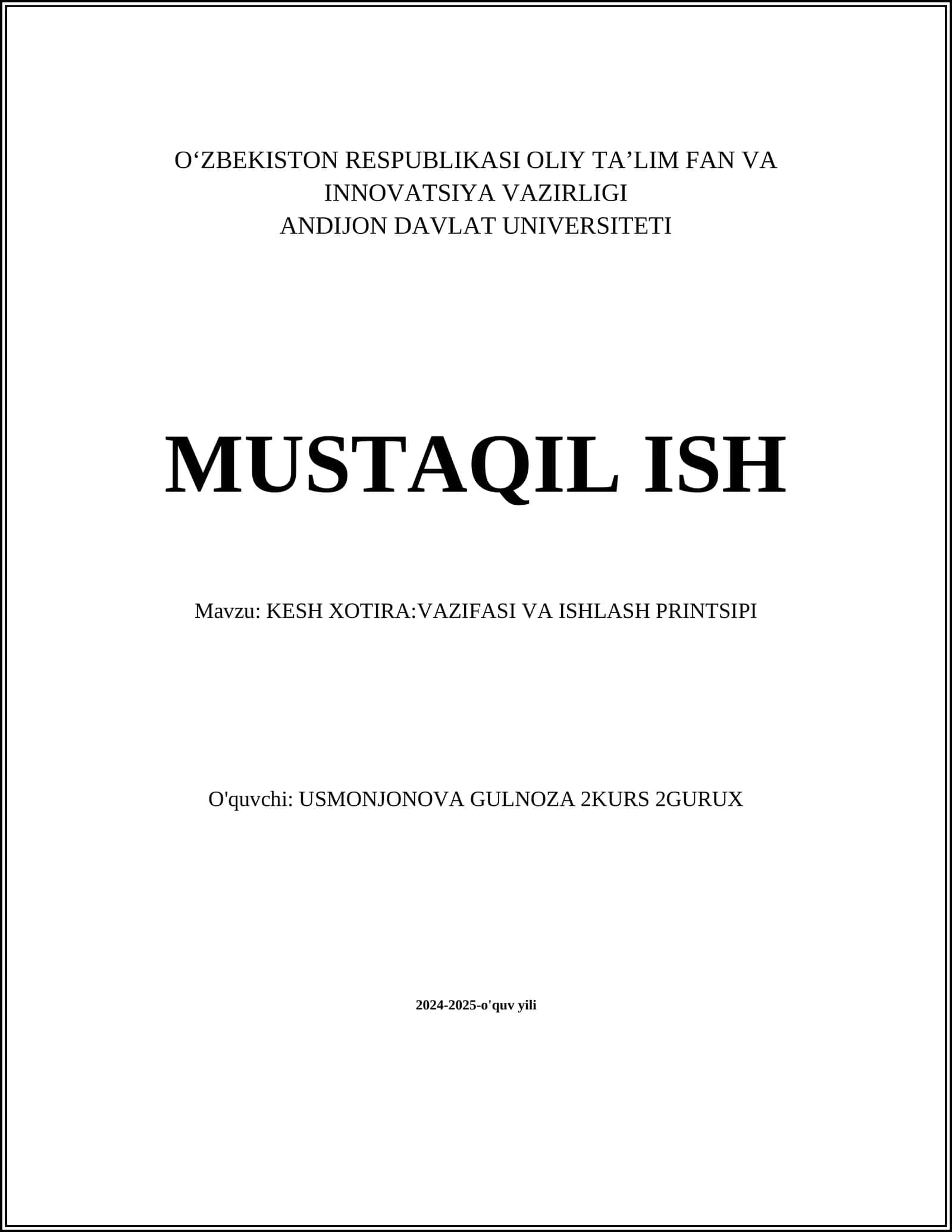 KESH XOTIRA:VAZIFASI VA ISHLASH PRINTSIPI