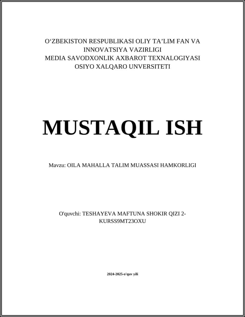 OILA MAHALLA TALIM MUASSASI HAMKORLIGI