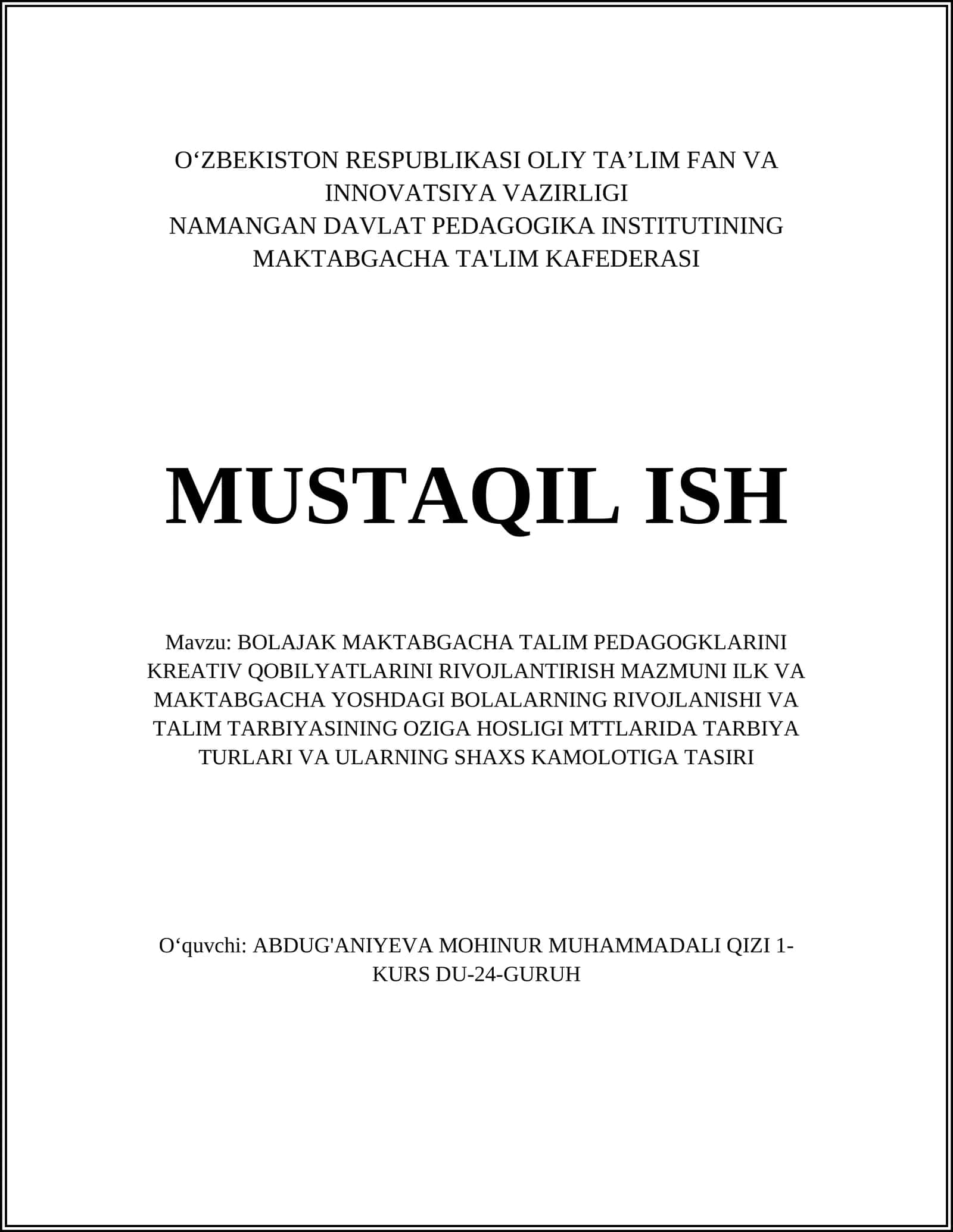 BOLAJAK MAKTABGACHA TALIM PEDAGOGKLARINI KREATIV QOBILYATLARINI RIVOJLANTIRISH