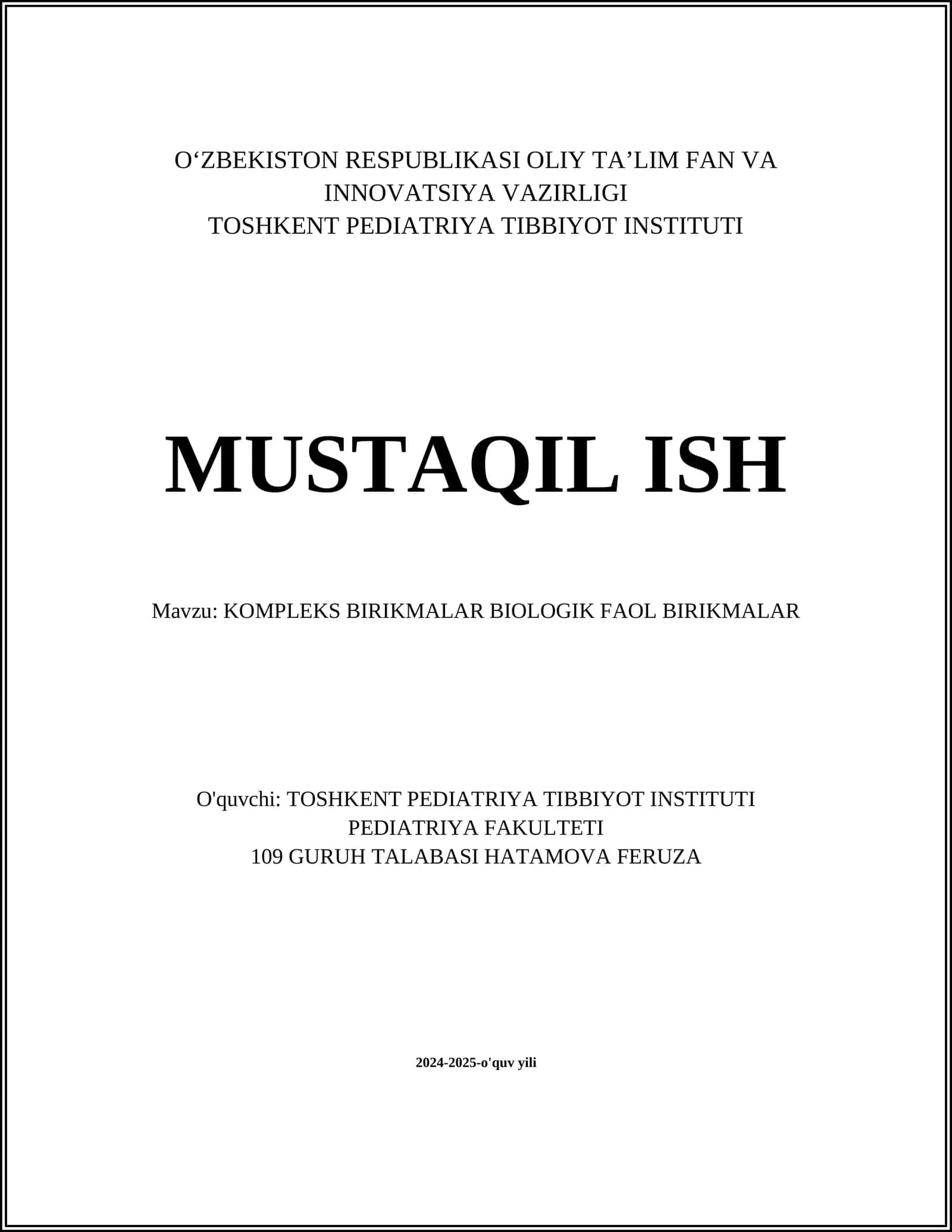 KOMPLEKS BIRIKMALAR BIOLOGIK FAOL BIRIKMALAR