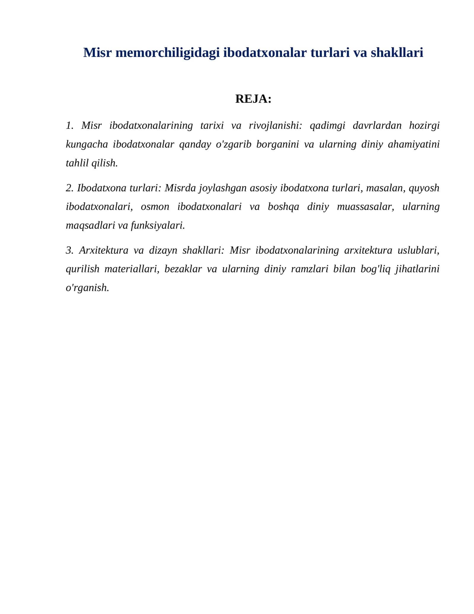 Misr memorchiligidagi ibodatxonalar turlari va shakllari