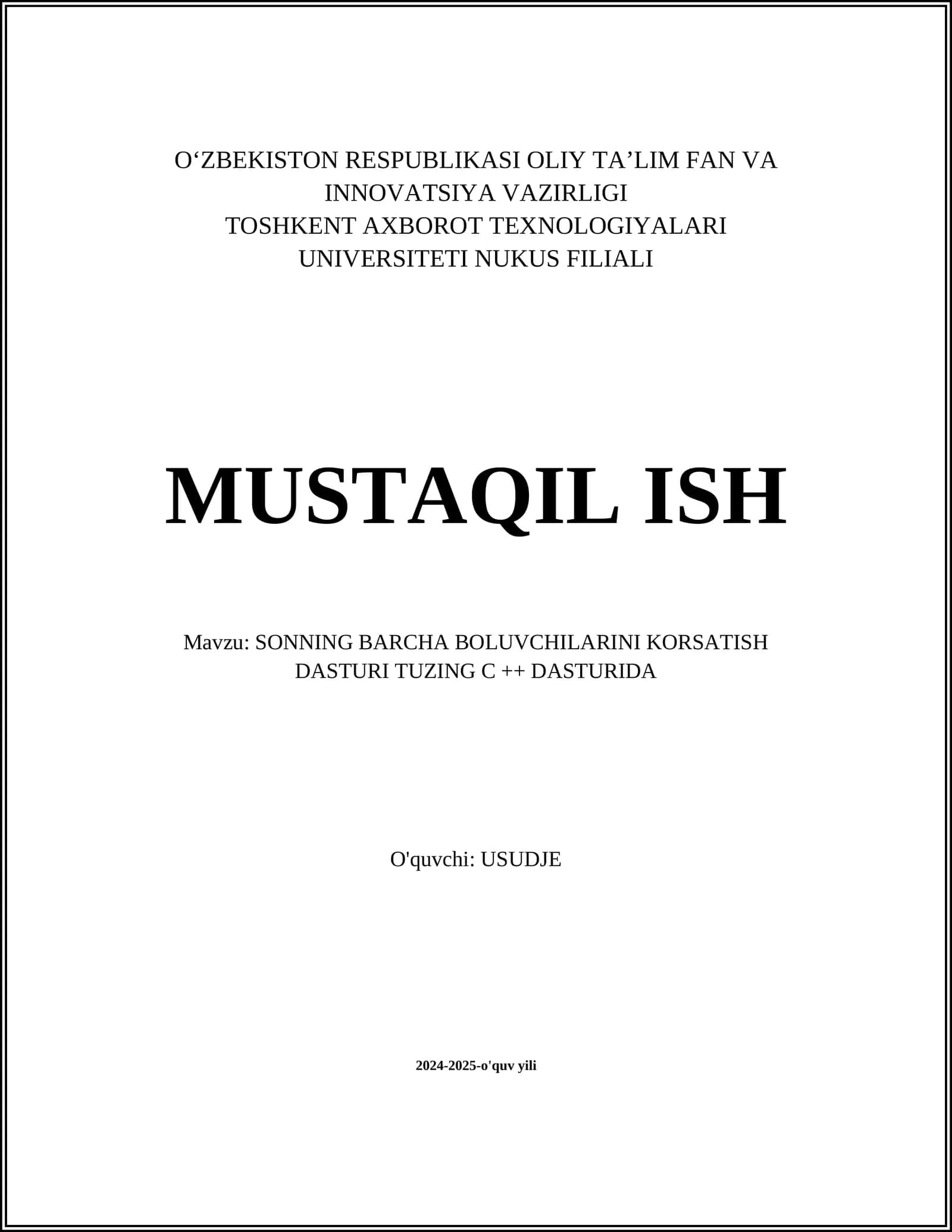 SONNING BARCHA BOLUVCHILARINI KORSATISH DASTURI TUZING C ++ DASTURIDA