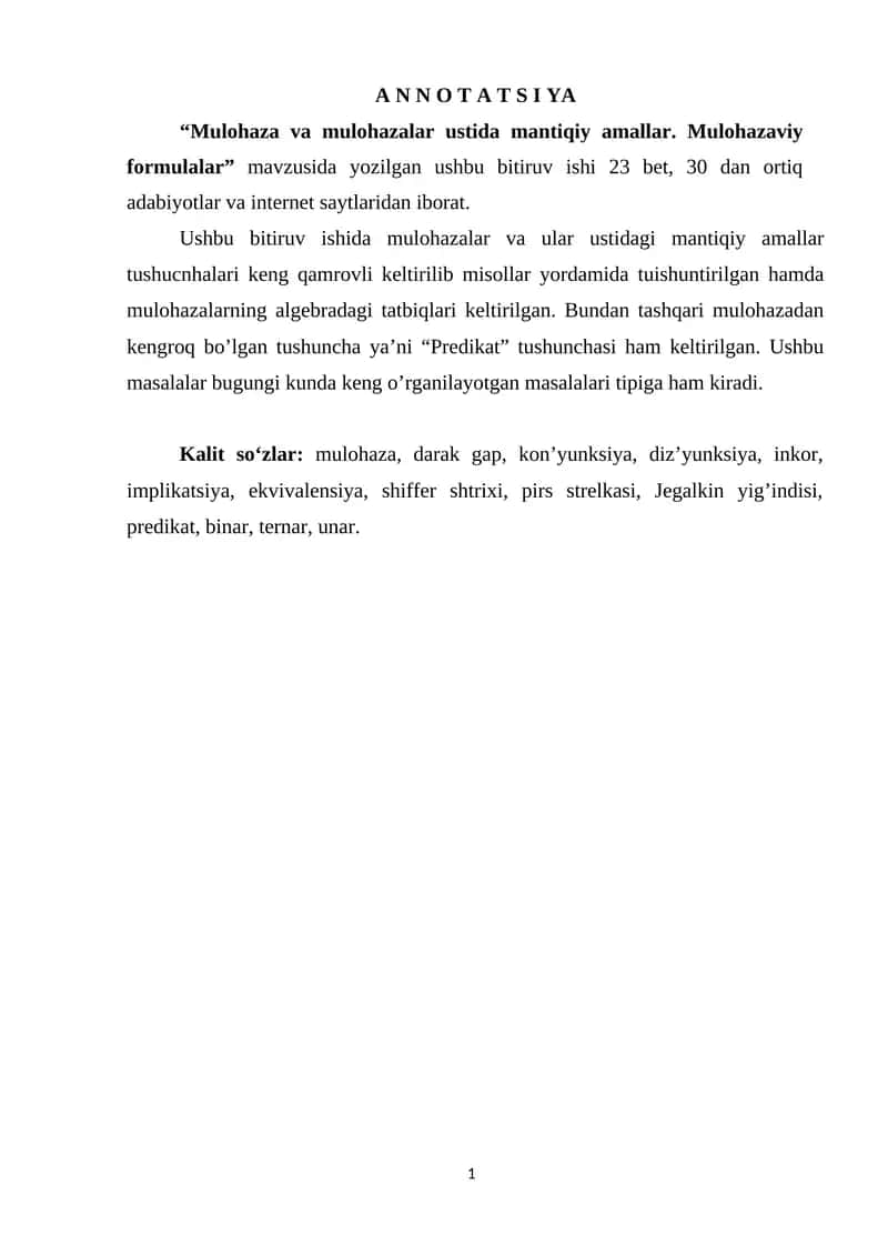 Mulohaza va mulohazalar ustida mantiqiy amallar. Mulohazaviy formulalar