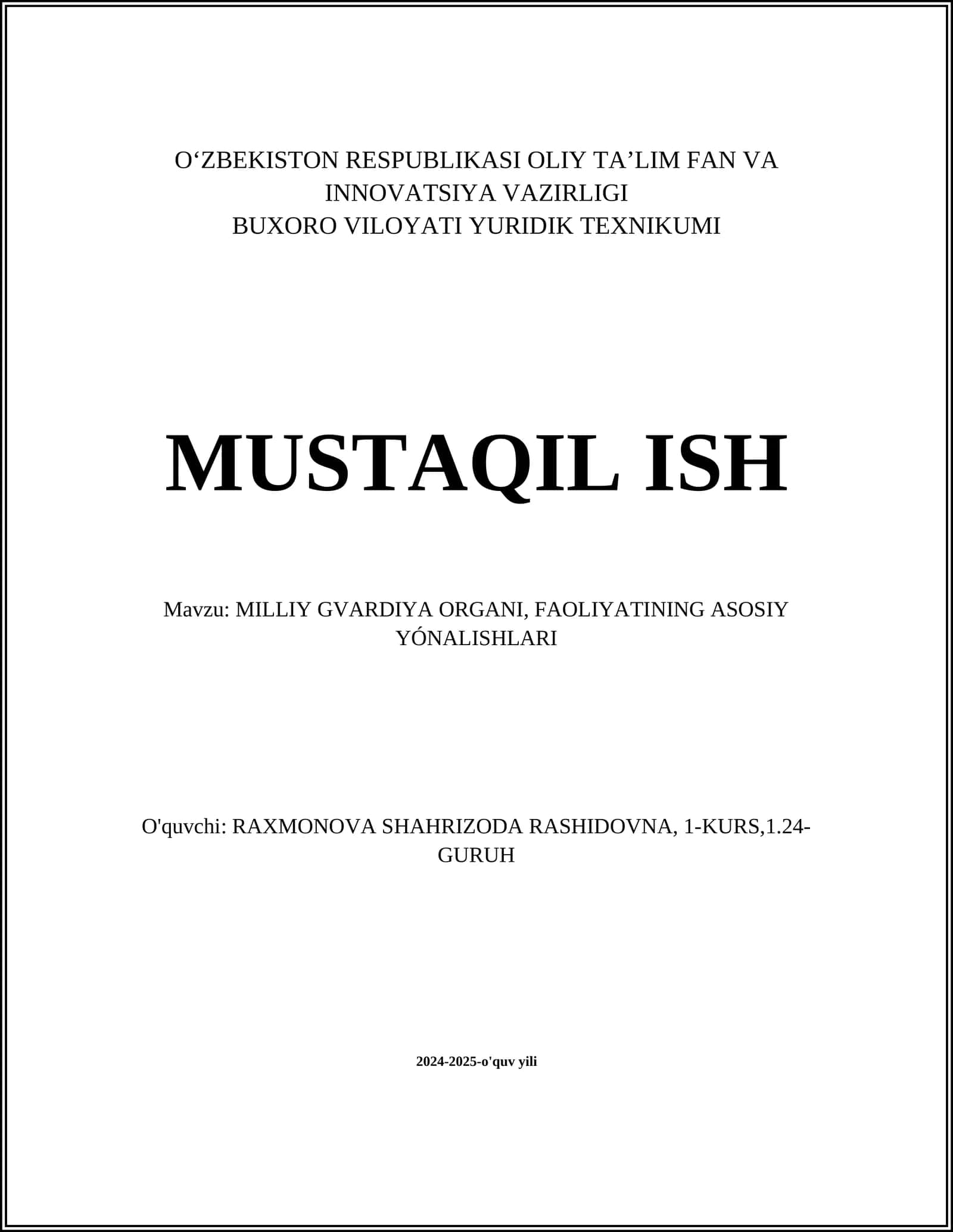 MILLIY GVARDIYA ORGANI, FAOLIYATINING ASOSIY YÓNALISHLARI