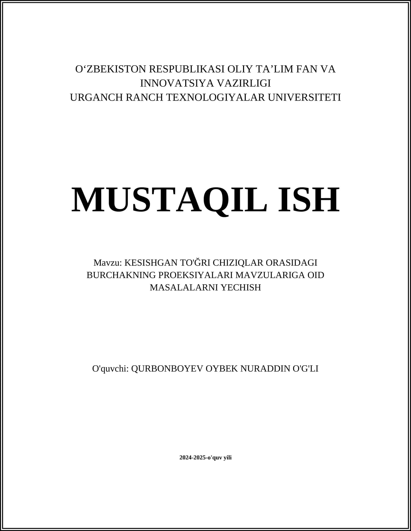 KESISHGAN TO'ĞRI CHIZIQLAR ORASIDAGI BURCHAKNING PROEKSIYALARI MAVZULARI