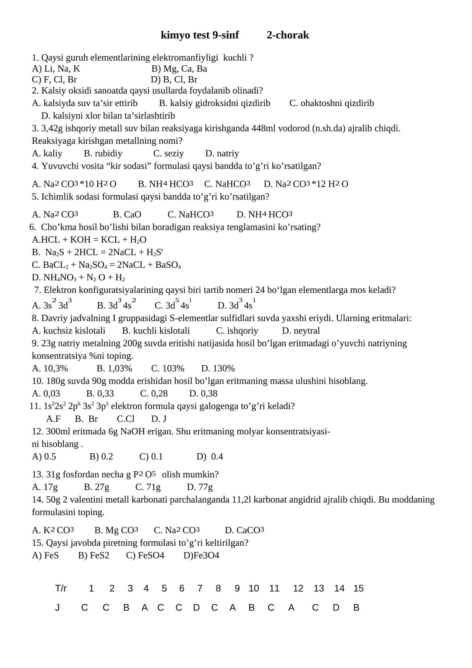 kimyo test 9-sinf 2-chorak