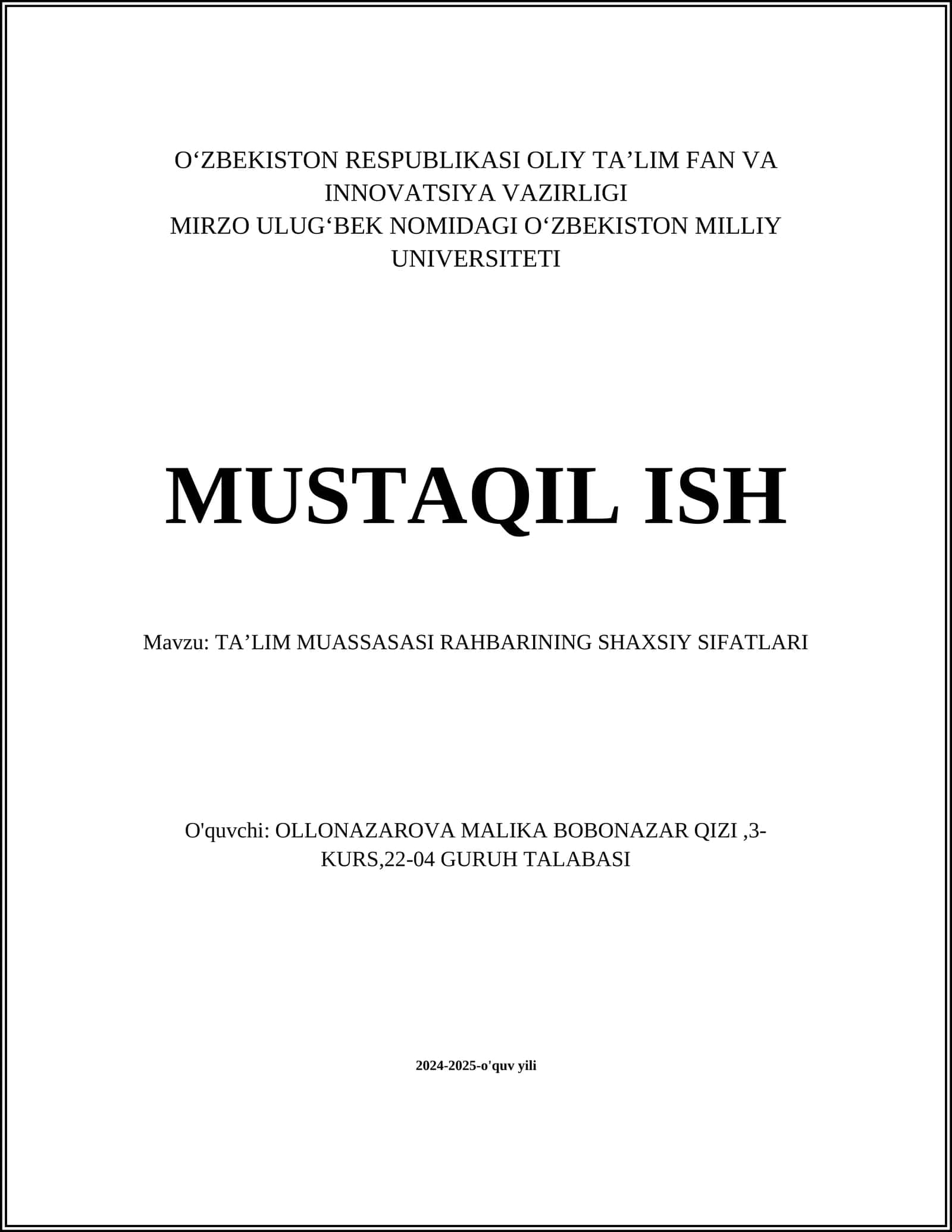 TAʼLIM MUASSASASI RAHBARINING SHAXSIY SIFATLARI