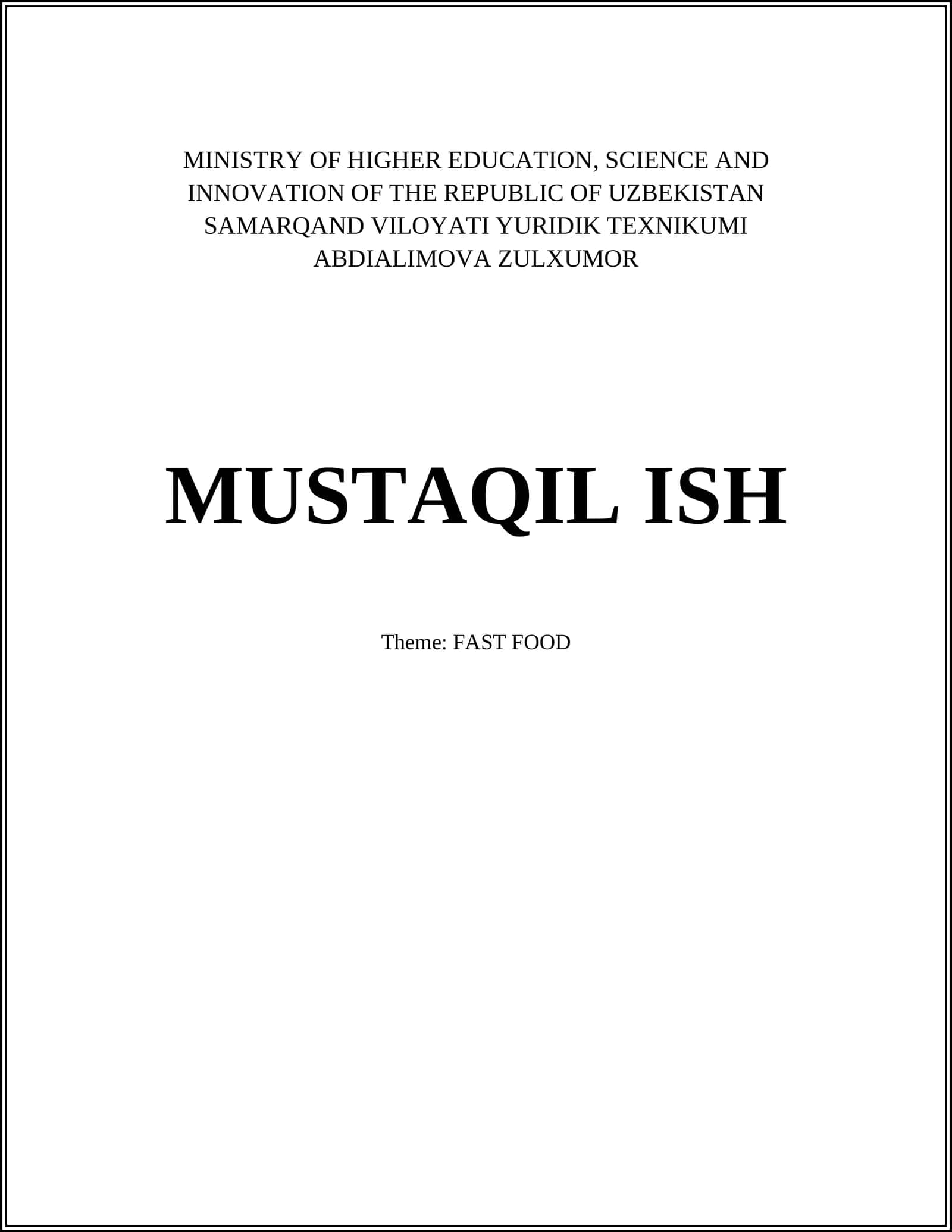 SAMARQAND VILOYATI YURIDIK TEXNIKUMI ABDIALIMOVA ZULXUMOR