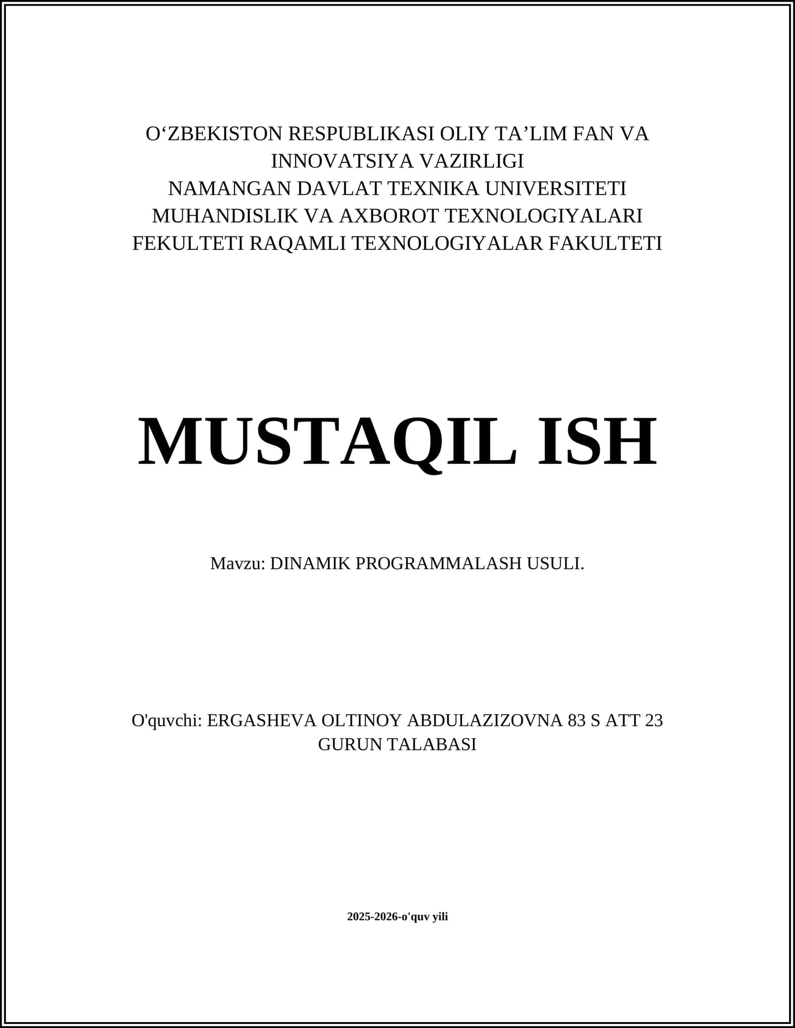 DINAMIK PROGRAMMALASH USULI
