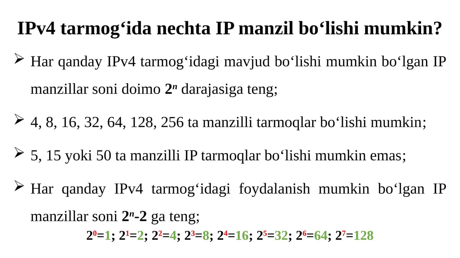 IPv4 tarmoqida nechta IP manzil bo'lishi mumkin?