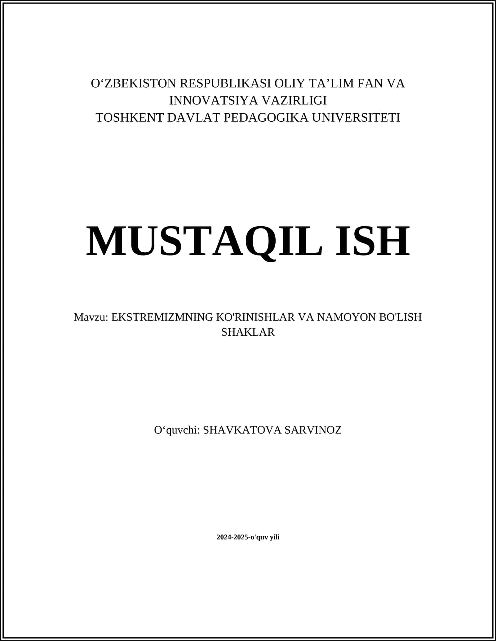 EKSTREMIZMNING KO'RINISHLAR VA NAMOYON BO'LISH SHAKLAR