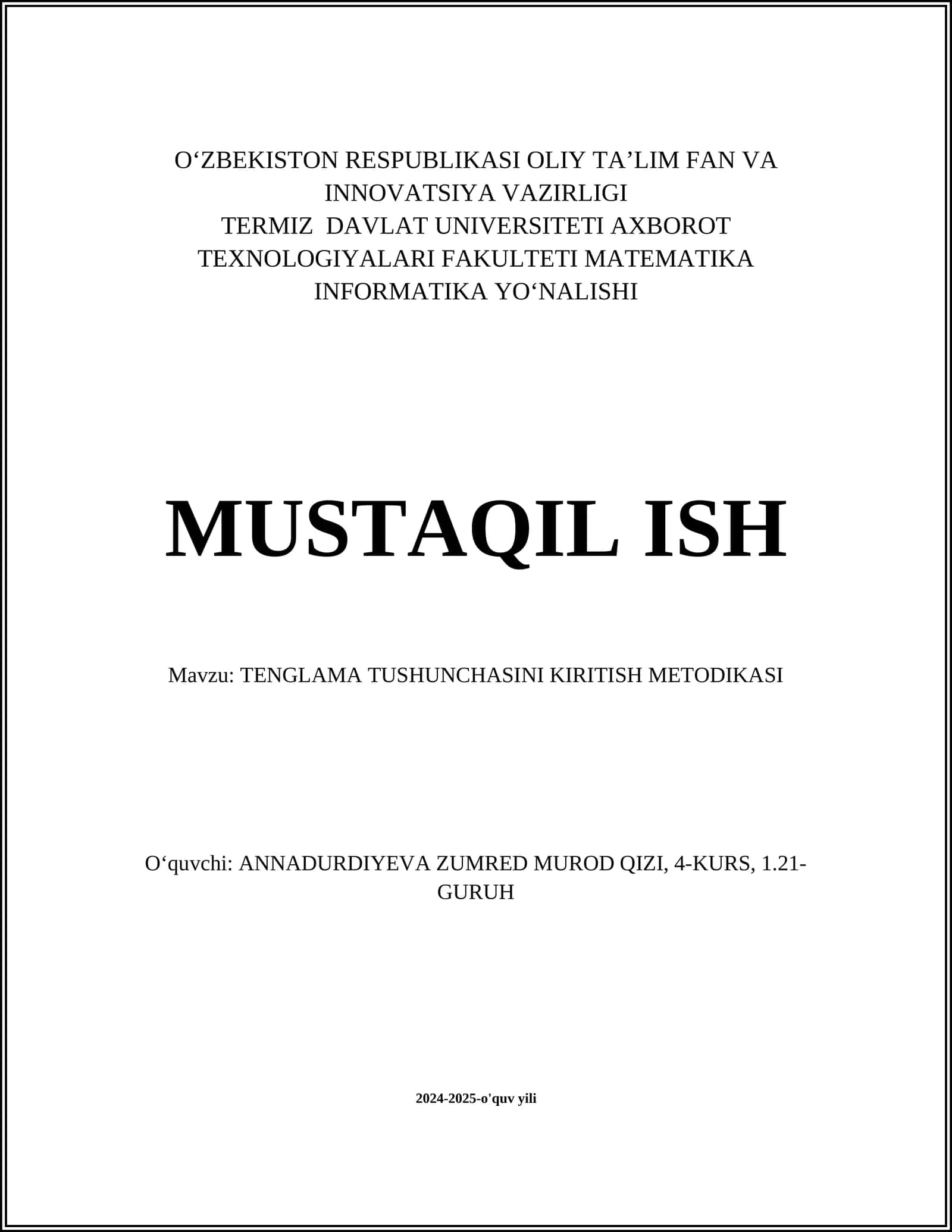 TENGLAMA TUSHUNCHASINI KIRITISH METODIKASI