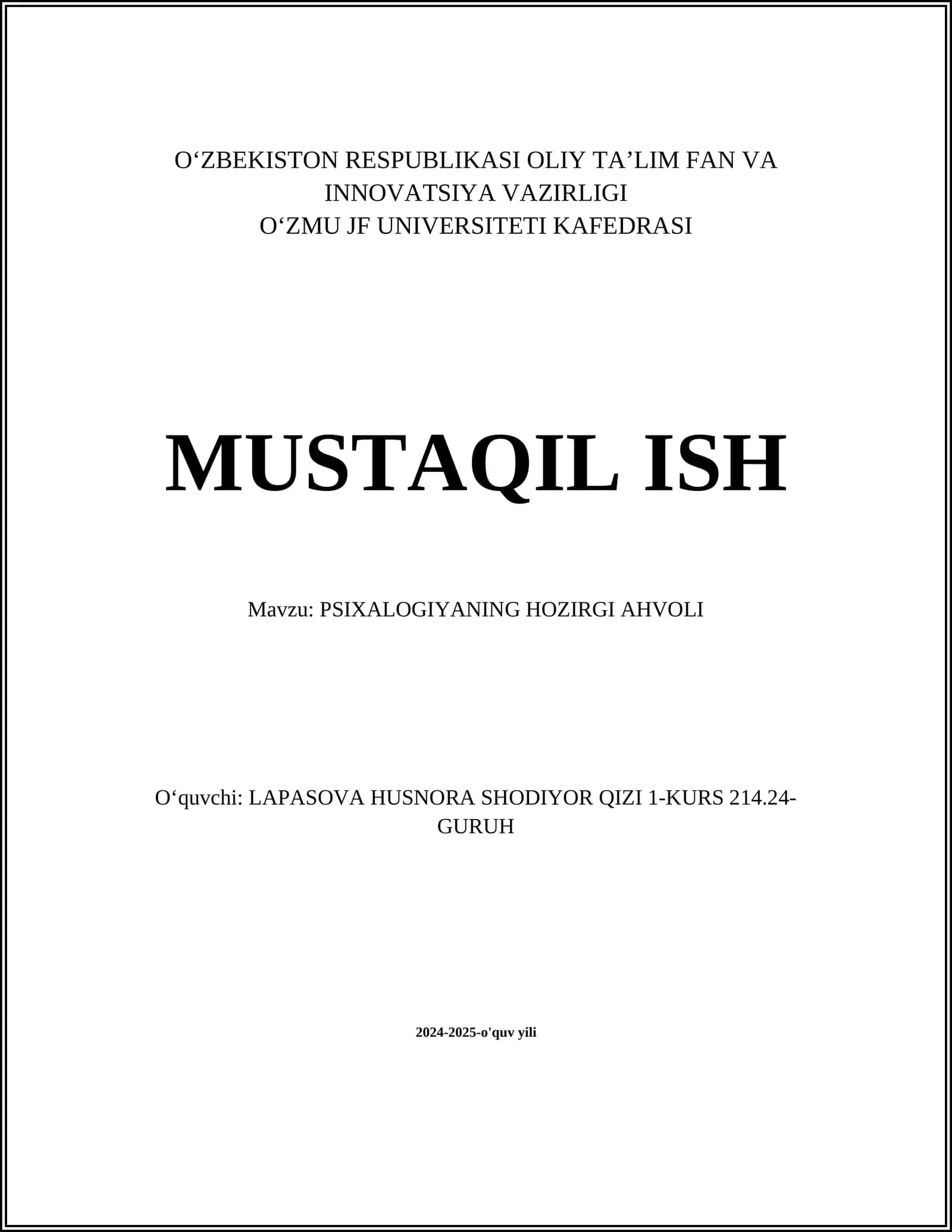 PSIXALOGIYANING HOZIRGI AHVOLI
