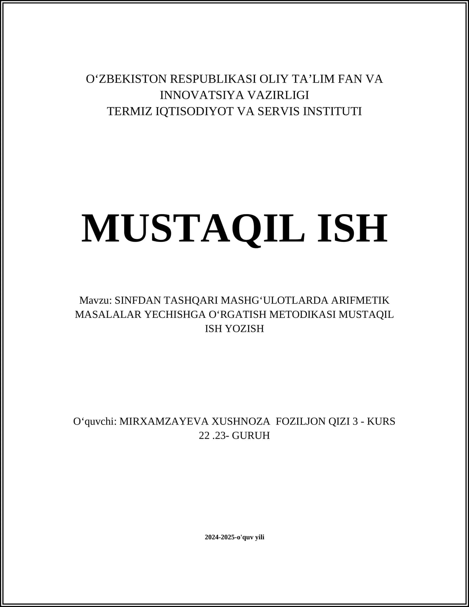 SINFDAN TASHQARI MASHGʻULOTLARDA ARIFMETIK MASALALAR YECHISHGA OʻRGATISH METODIKASI