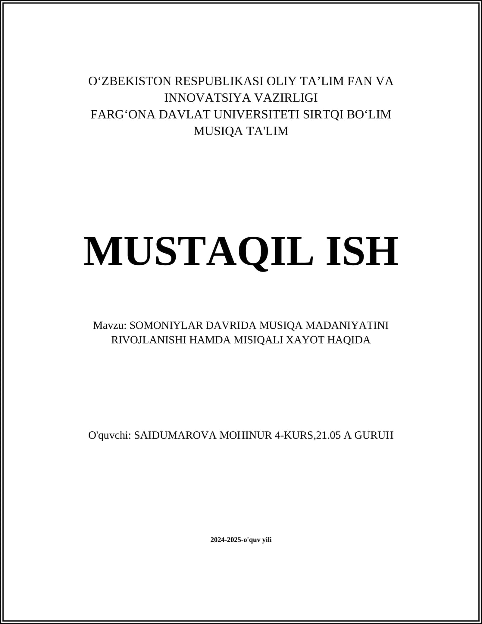 SOMONIYLAR DAVRIDA MUSIQA MADANIYATINI RIVOJLANISHI HAMDA MISIQALI XAYOT HAQIDA