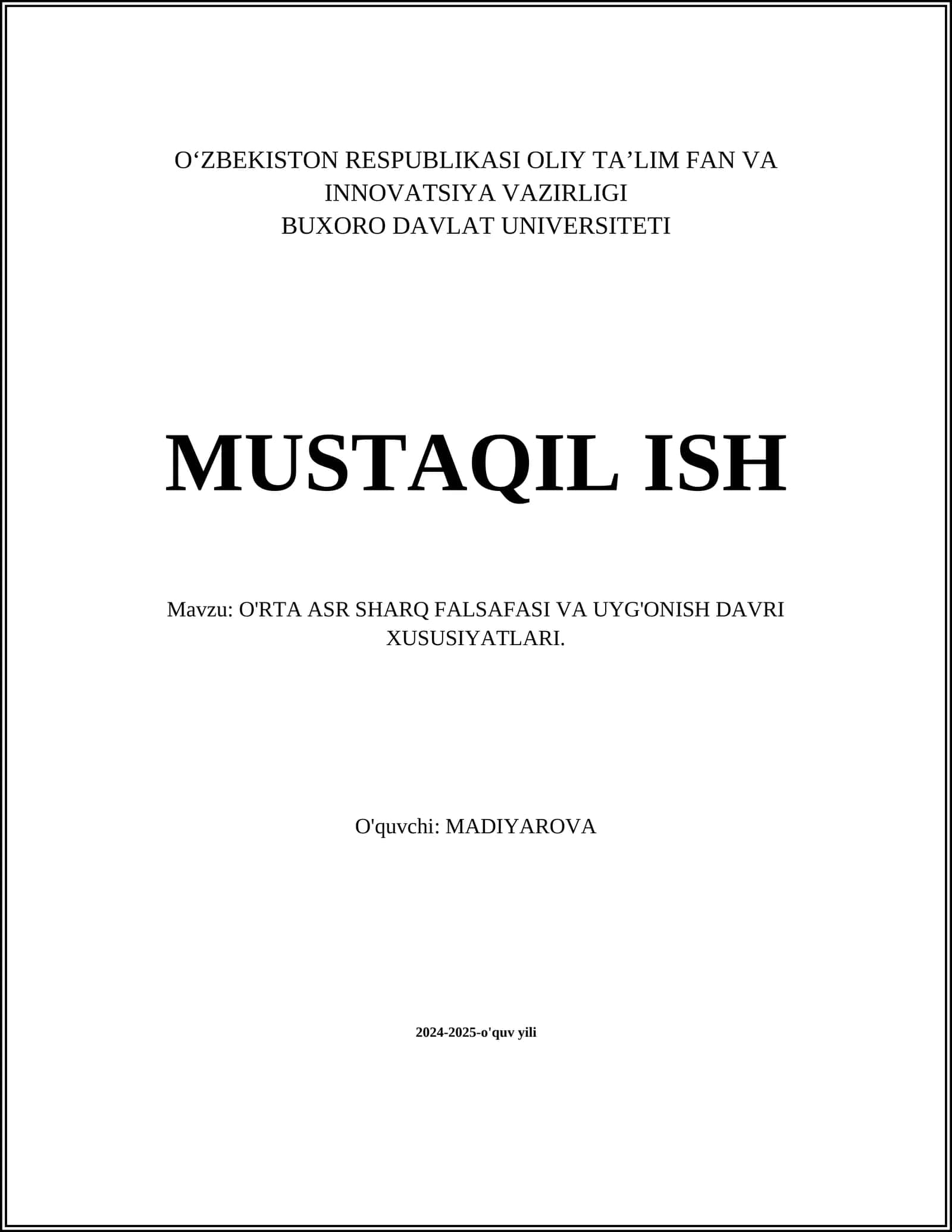 O'RTA ASR SHARQ FALSAFASI VA UYG'ONISH DAVRI XUSUSIYATLARI