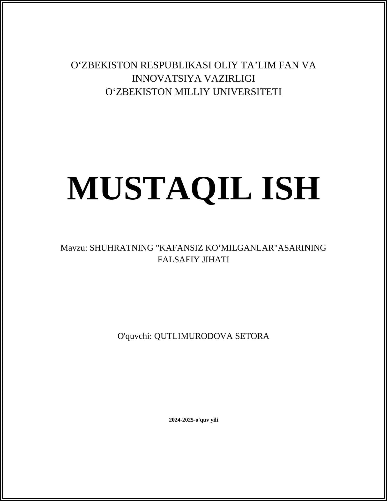 SHUHRATNING "KAFANSIZ KOʻMILGANLAR"ASARINING FALSAFIY JIHATI