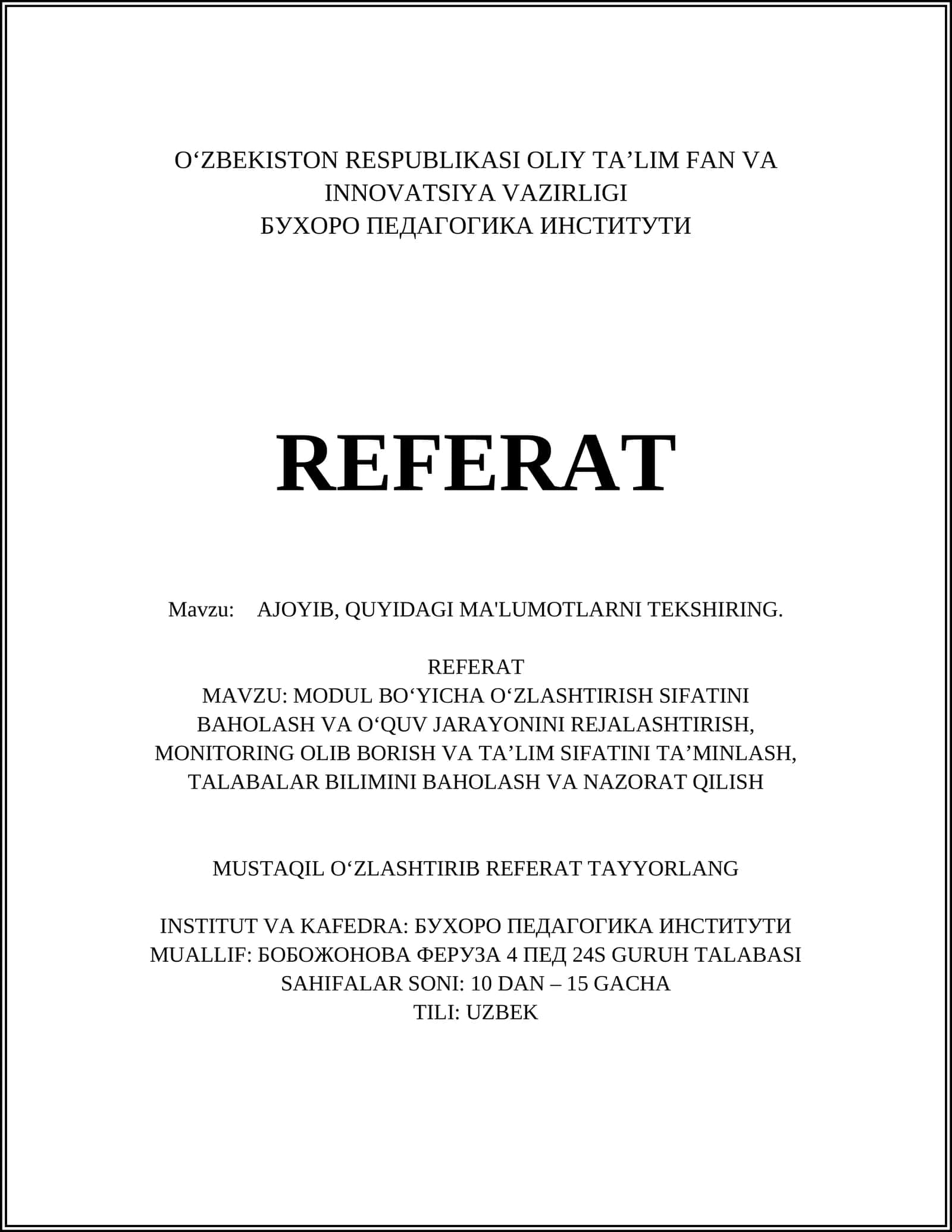 MODUL BOʻYICHA OʻZLASHTIRISH SIFATINI BAHOLASH VA OʻQUV JARAYONINI REJALASHTIRISH