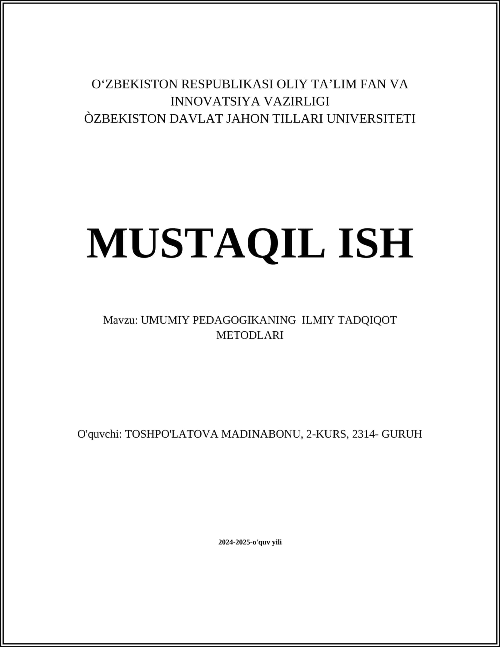 UMUMIY PEDAGOGIKANING ILMIY TADQIQOT METODLARI