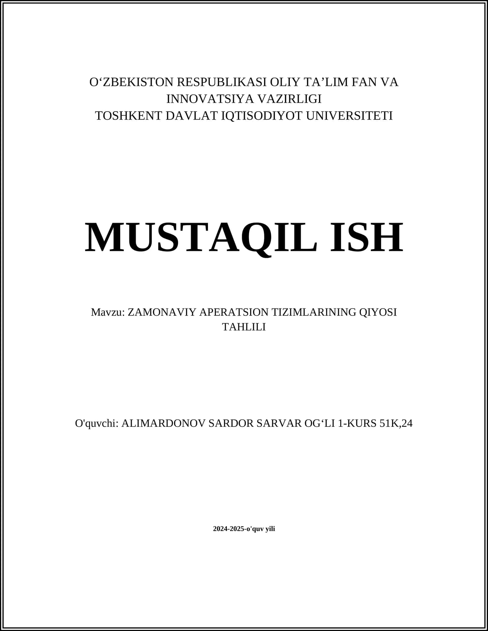 ZAMONAVIY APERATSION TIZIMLARINING QIYOSI TAHLILI