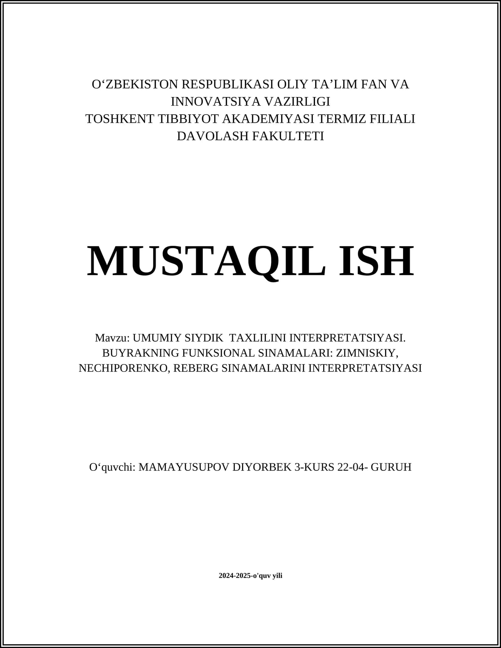 UMUMIY SIYDIK TAXLILINI INTERPRETATSIYASI