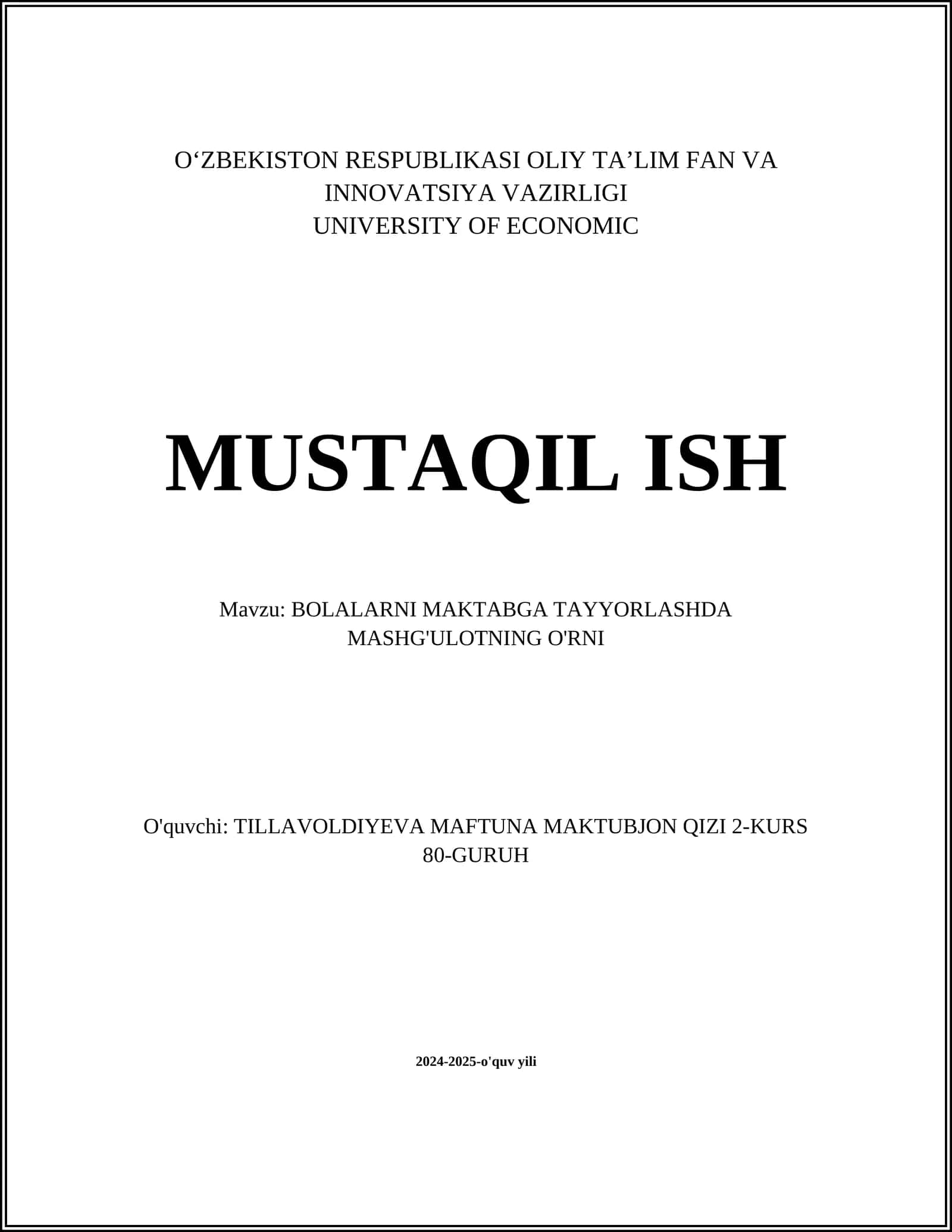 BOLALARNI MAKTABGA TAYYORLASHDA MASHG'ULOTNING O'RNI