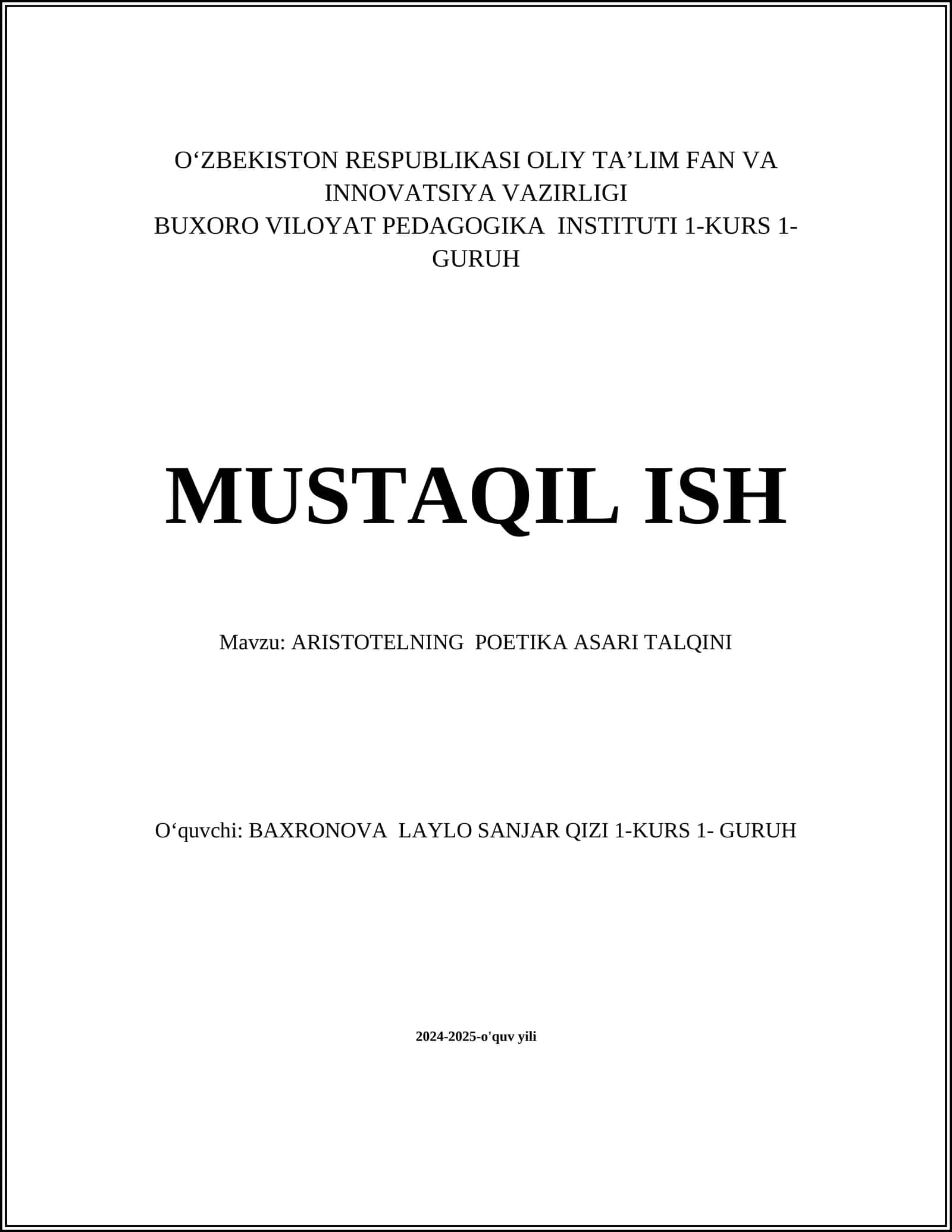 ARISTOTELNING POETIKA ASARI TALQINI