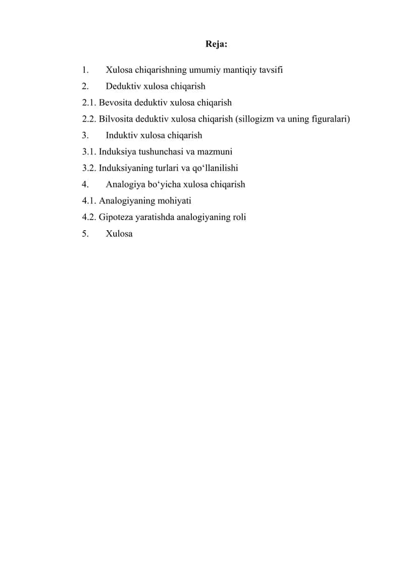Xulosa chiqarishning umumiy mantiqiy tavsifi