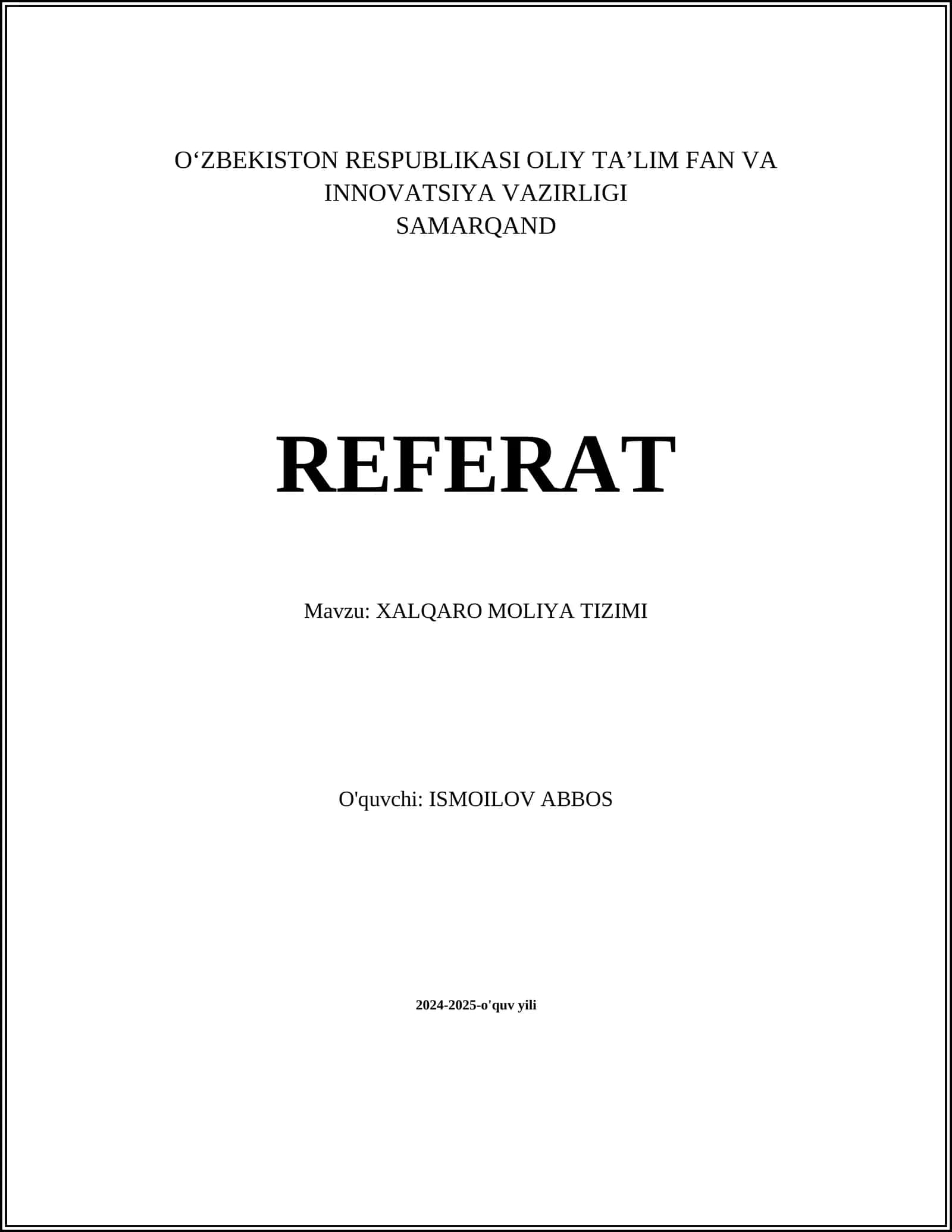 XALQARO MOLIYA TIZIMI