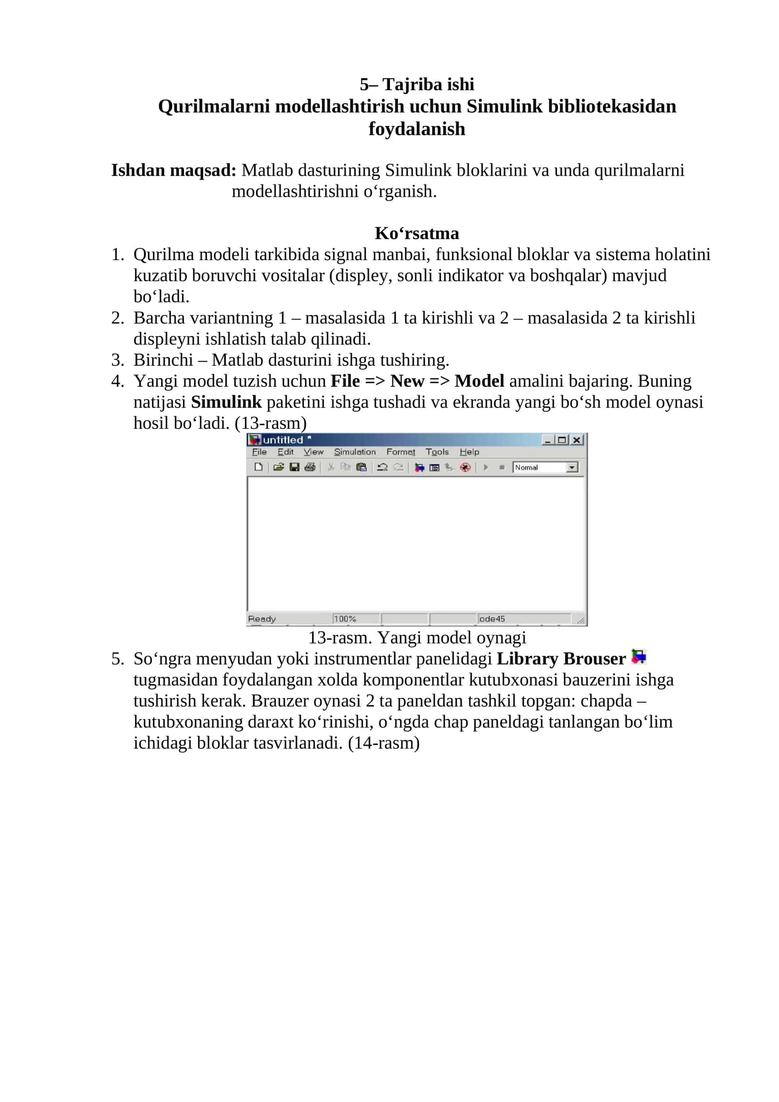 Qurilmаlаrni mоdеllаshtirish uchun Simulink bibliotekasidan foydalanish