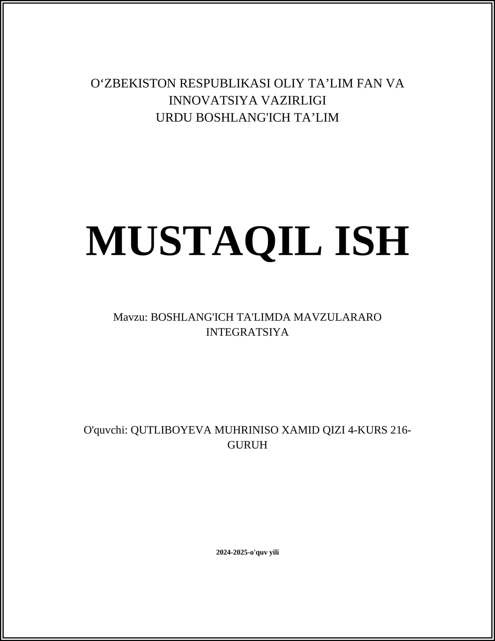 BOSHLANG'ICH TA'LIMDA MAVZULARARO INTEGRATSIYA