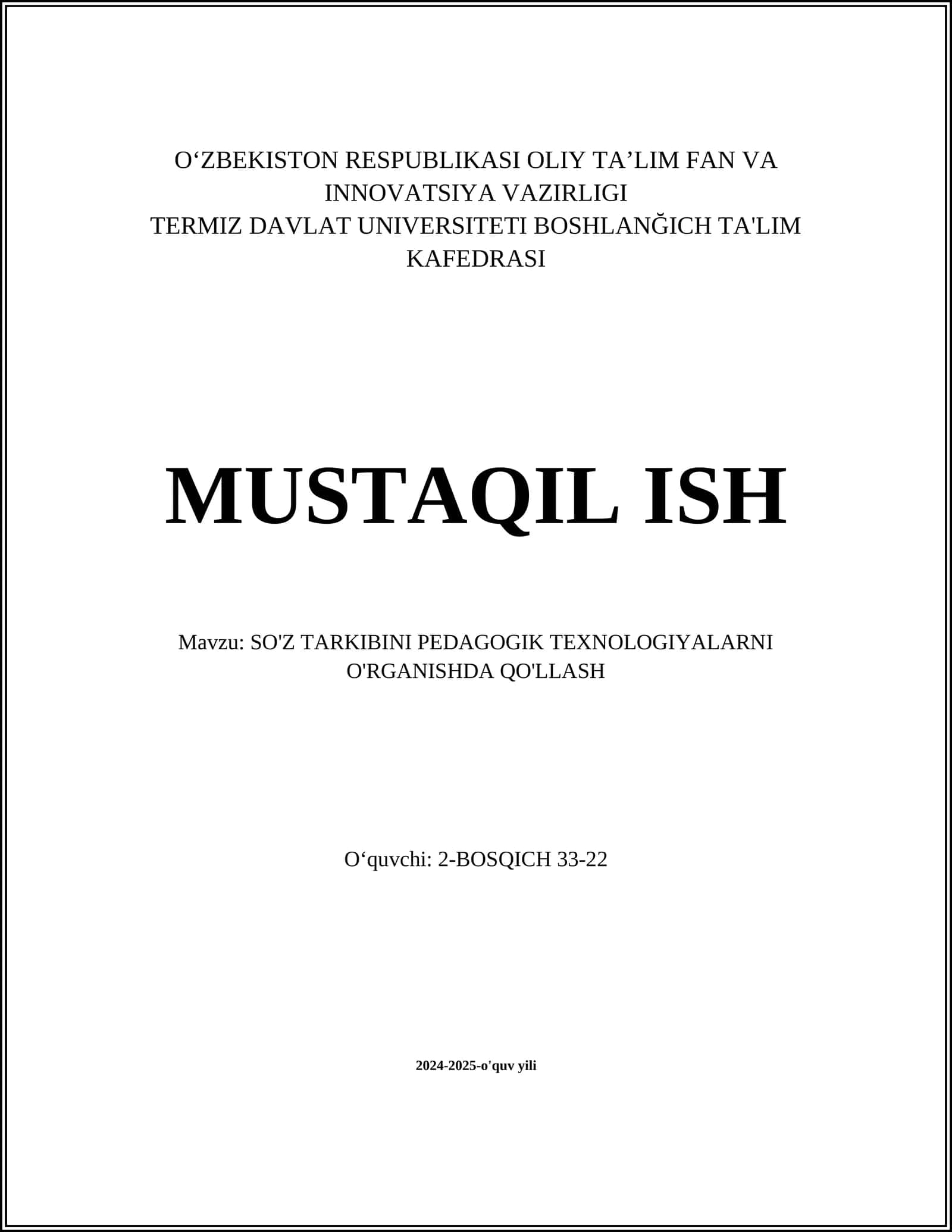 SO'Z TARKIBINI PEDAGOGIK TEXNOLOGIYALARNI O'RGANISHDA QO'LLASH