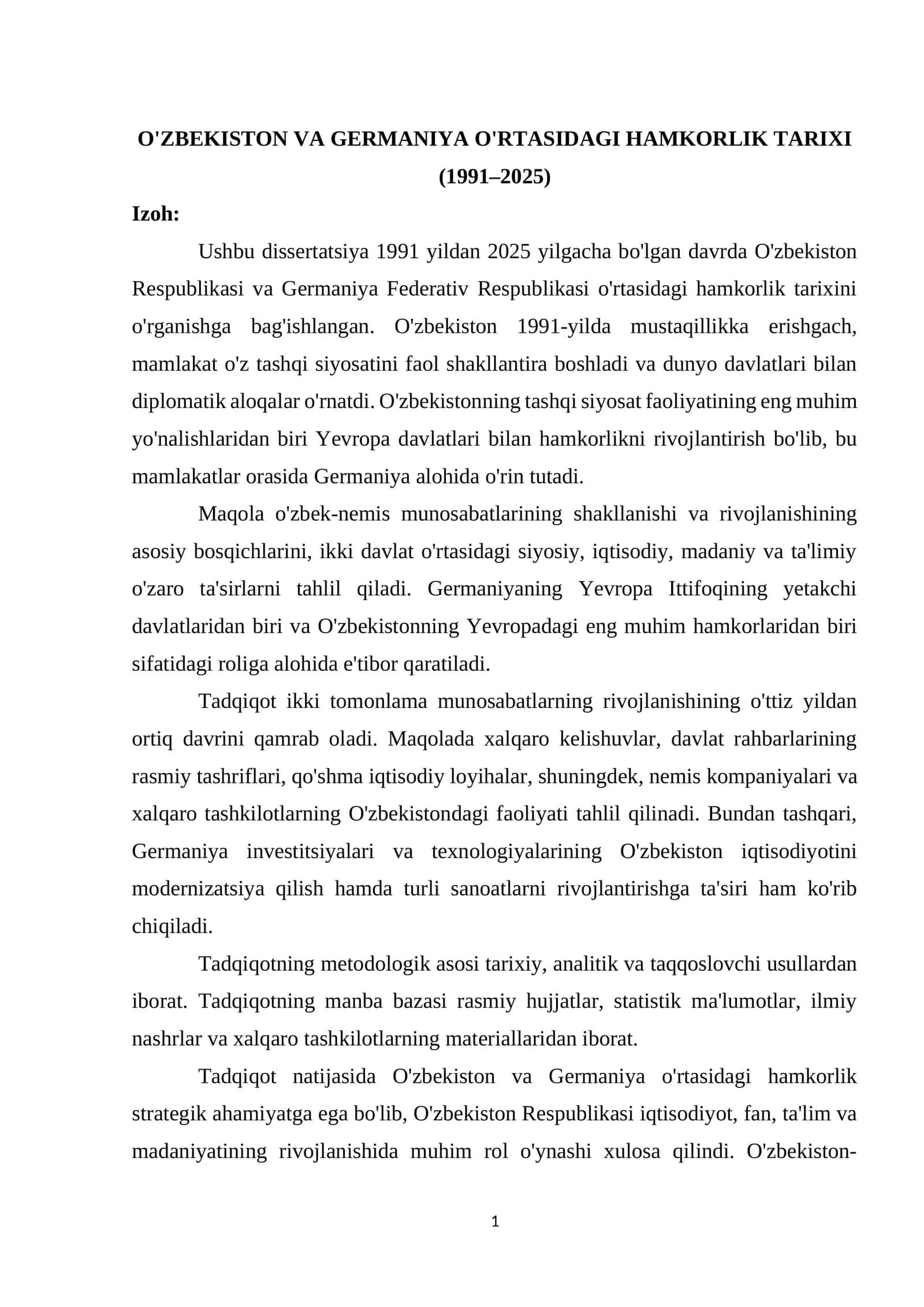 O'ZBEKISTON VA GERMANIYA O'RTASIDAGI HAMKORLIK TARIXI (1991–2025)