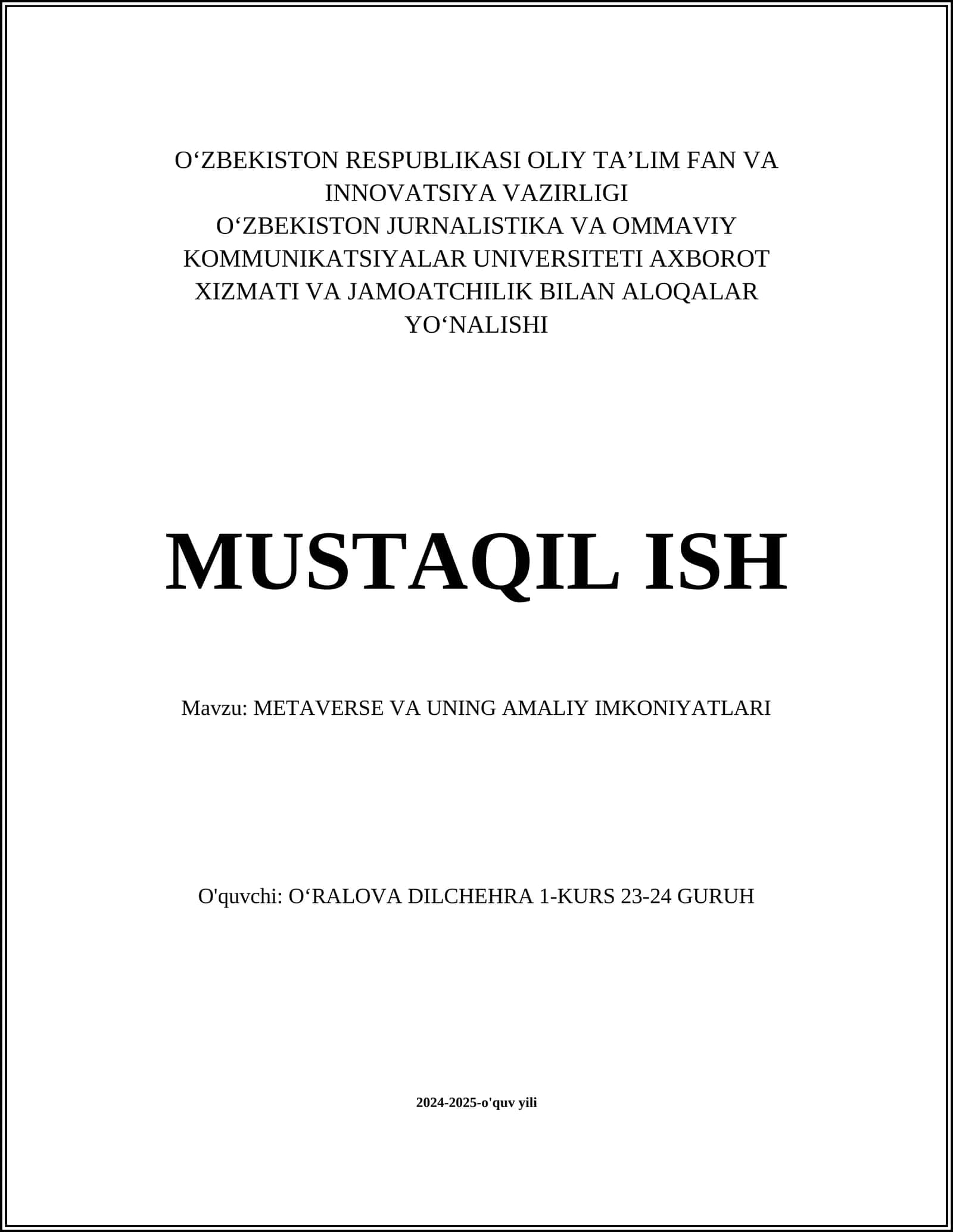 METAVERSE VA UNING AMALIY IMKONIYATLARI