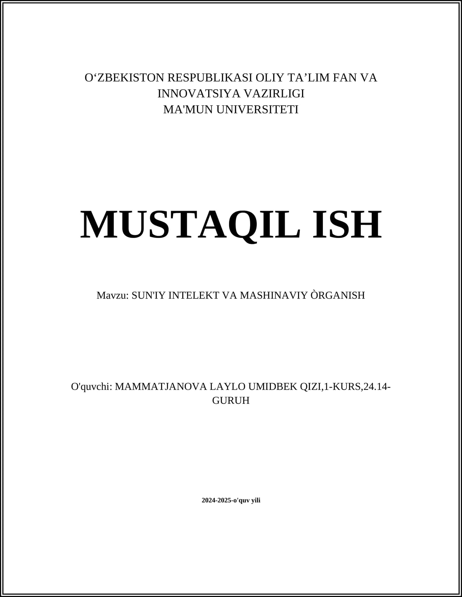 SUN'IY INTELEKT VA MASHINAVIY ÒRGANISH