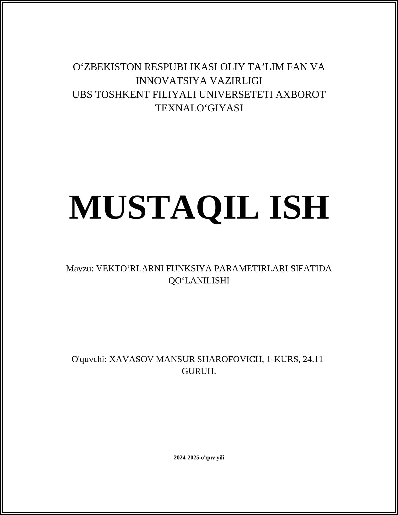 VEKTO‘RLARNI FUNKSIYA PARAMETIRLARI SIFATIDA QO‘LANILISHI